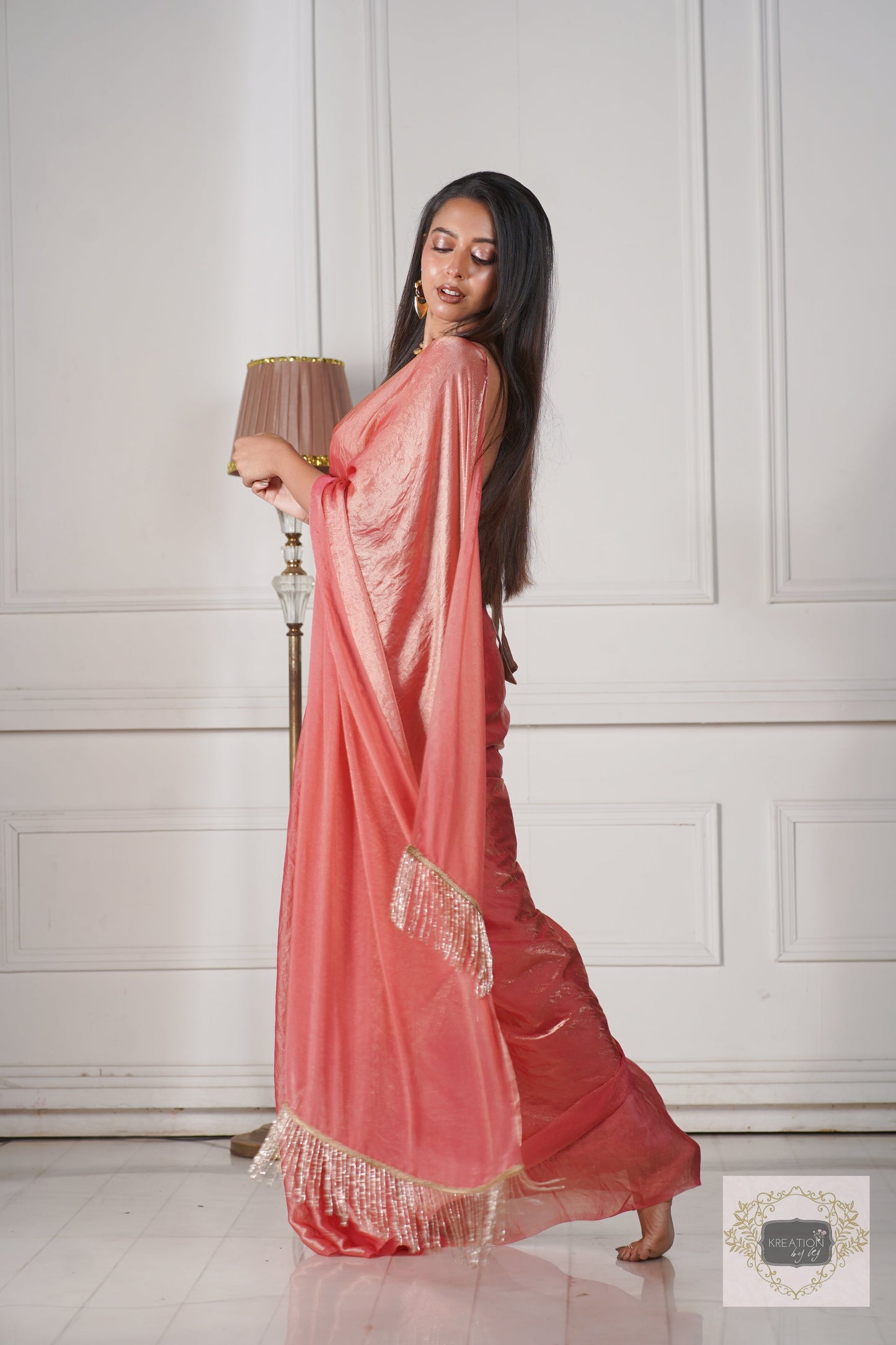 Old Rose Metallic Shimmer Satin Saree kreationbykj