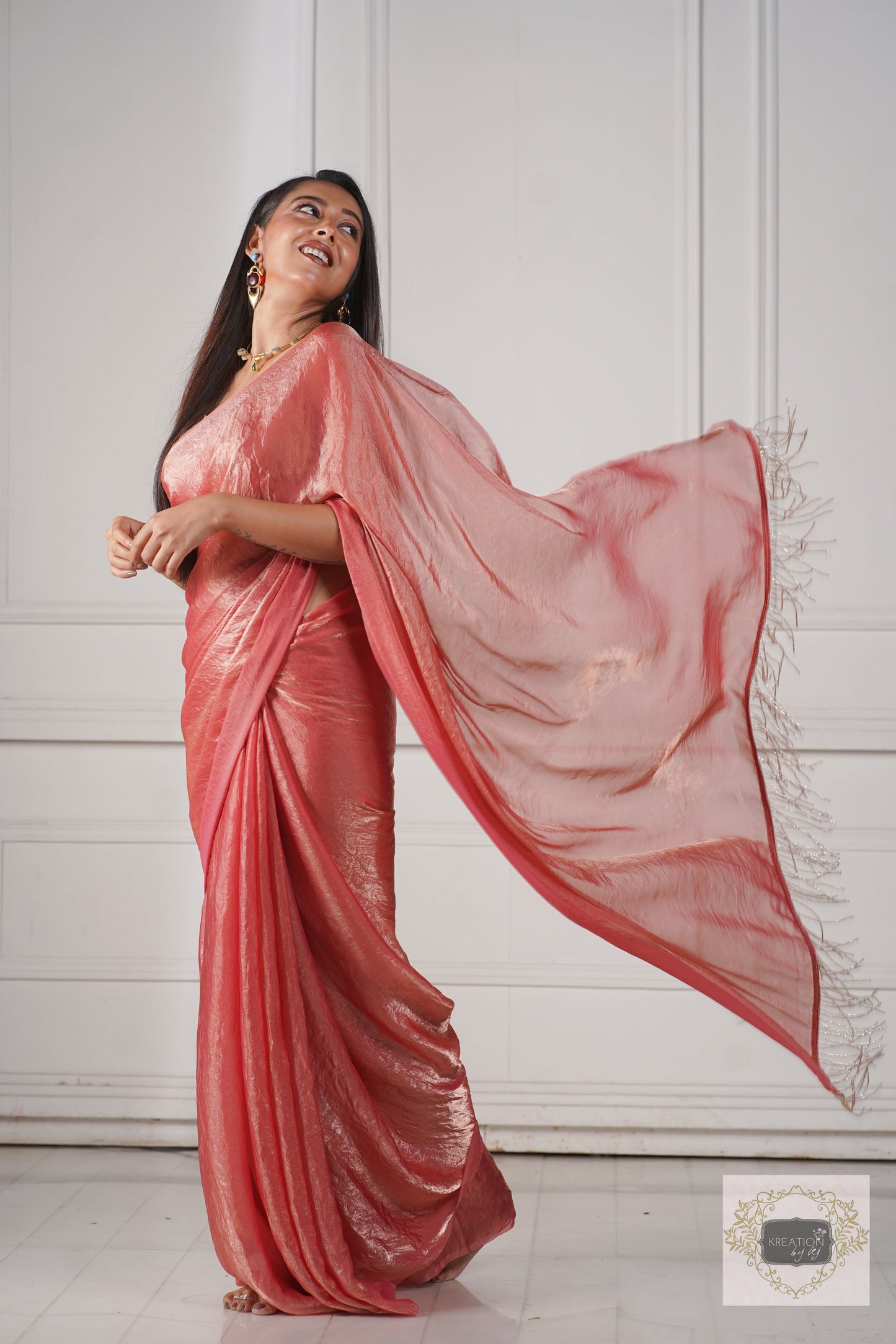 Old Rose Metallic Shimmer Satin Saree kreationbykj