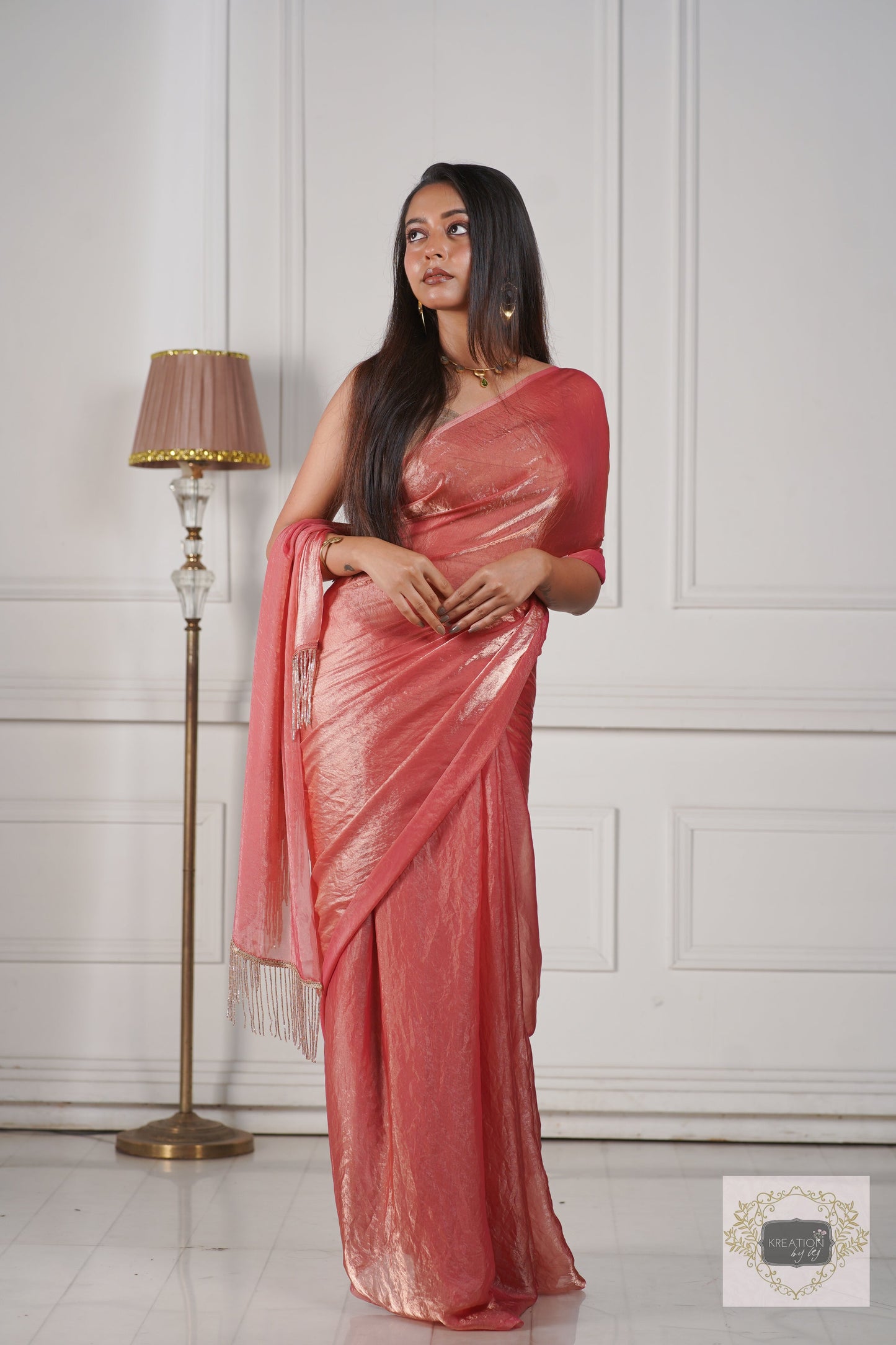 Old Rose Metallic Shimmer Satin Saree kreationbykj