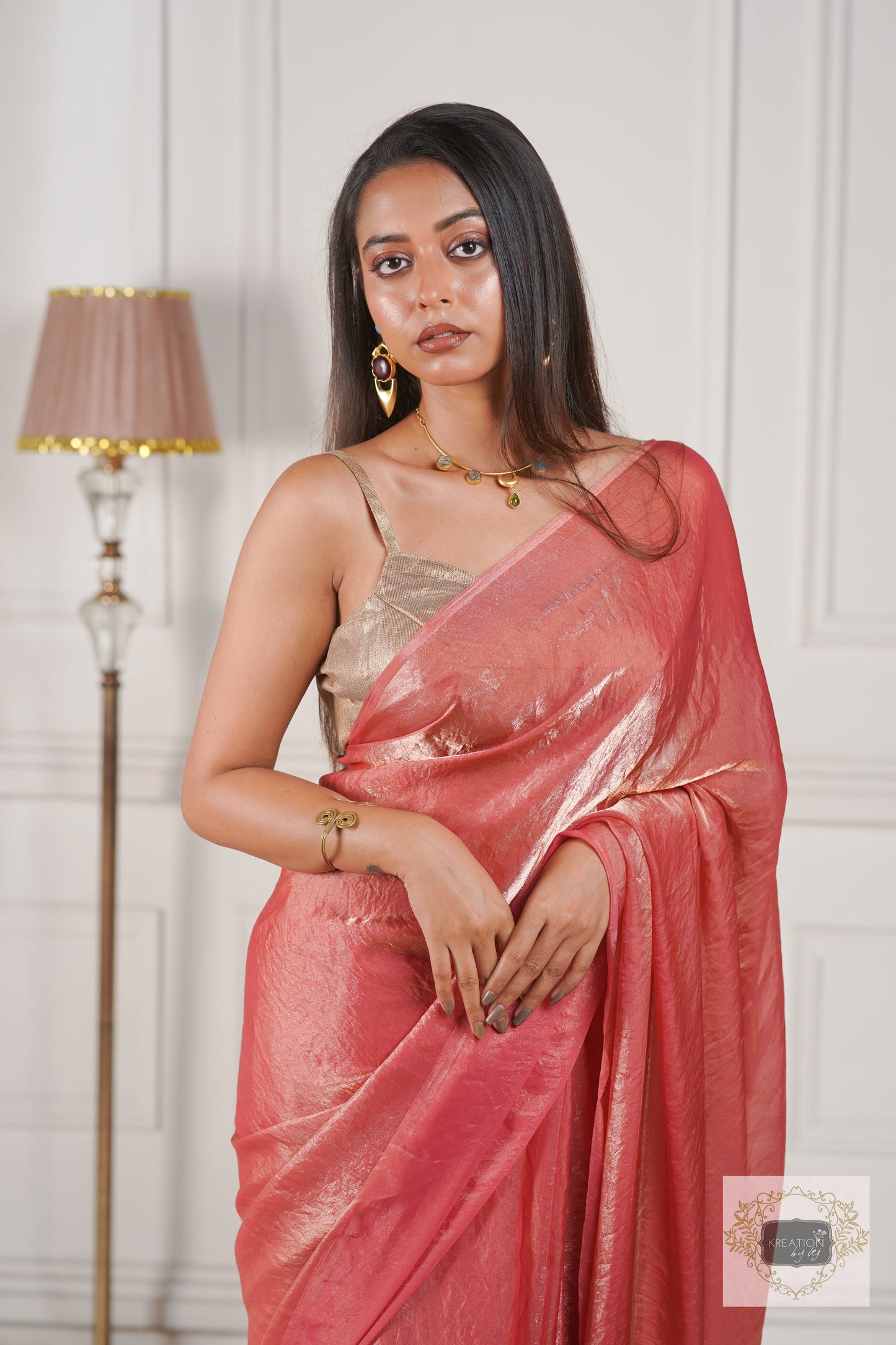 Old Rose Metallic Shimmer Satin Saree kreationbykj