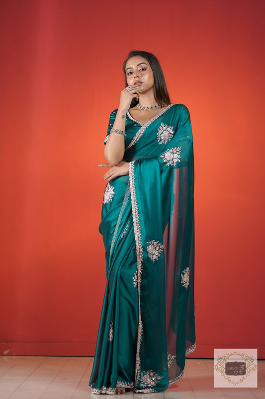 Teal Blue Floral Symphony Saree kreationbykj