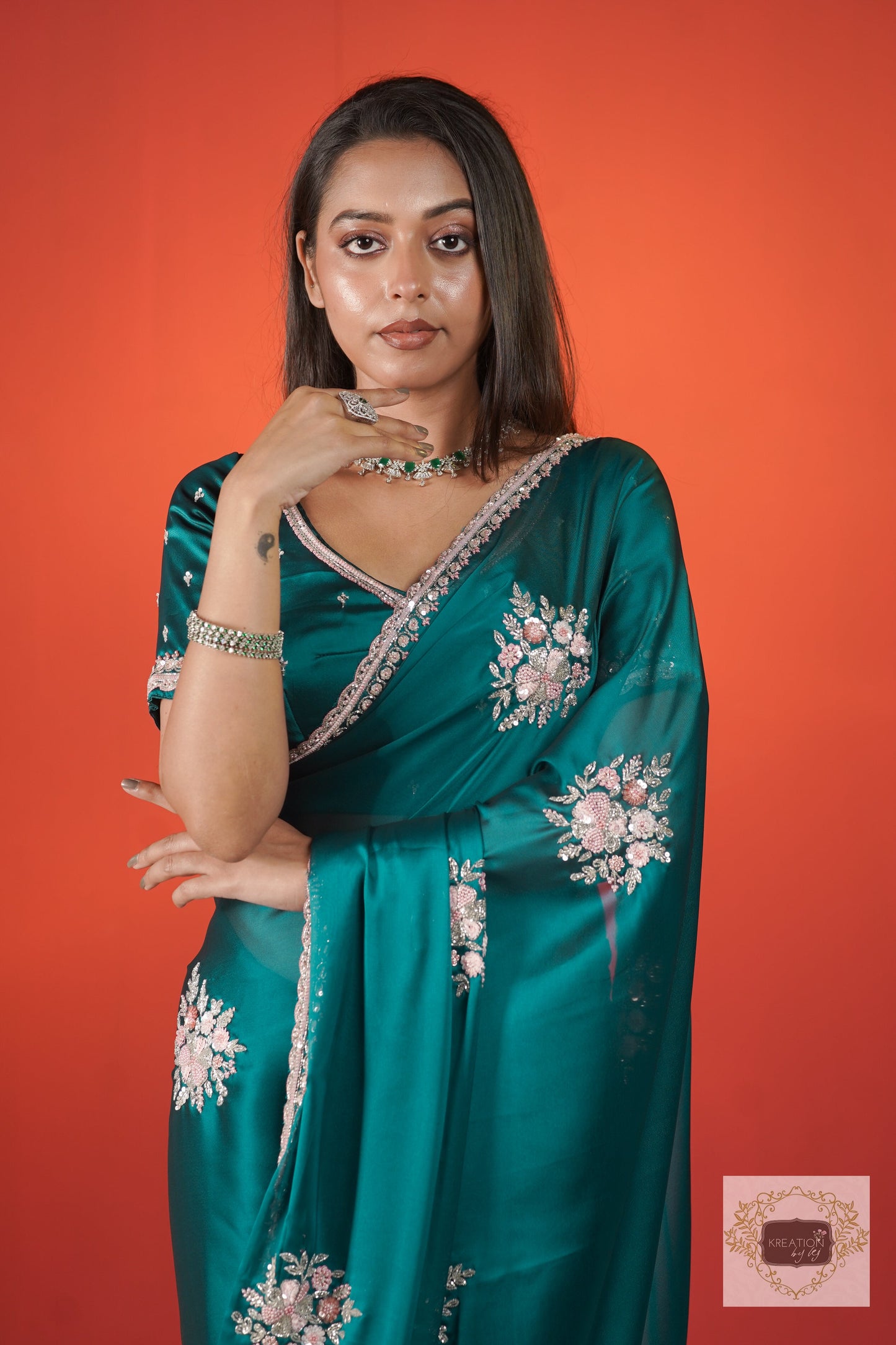 Teal Blue Floral Symphony Saree kreationbykj