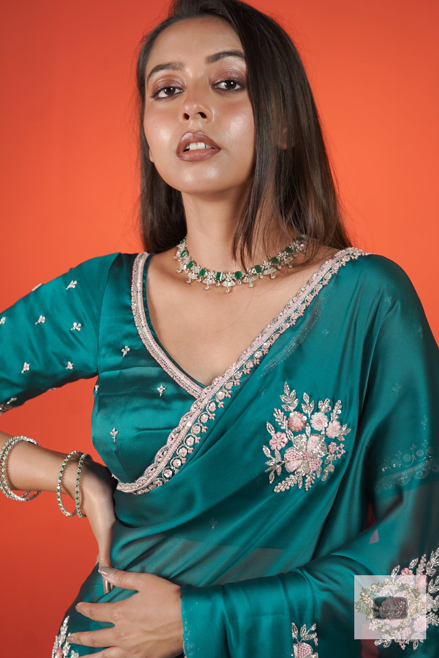 Teal Blue Floral Symphony Saree kreationbykj