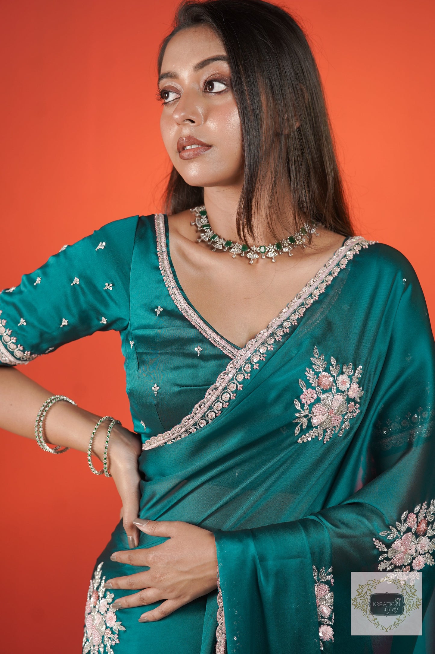 Teal Blue Floral Symphony Saree kreationbykj