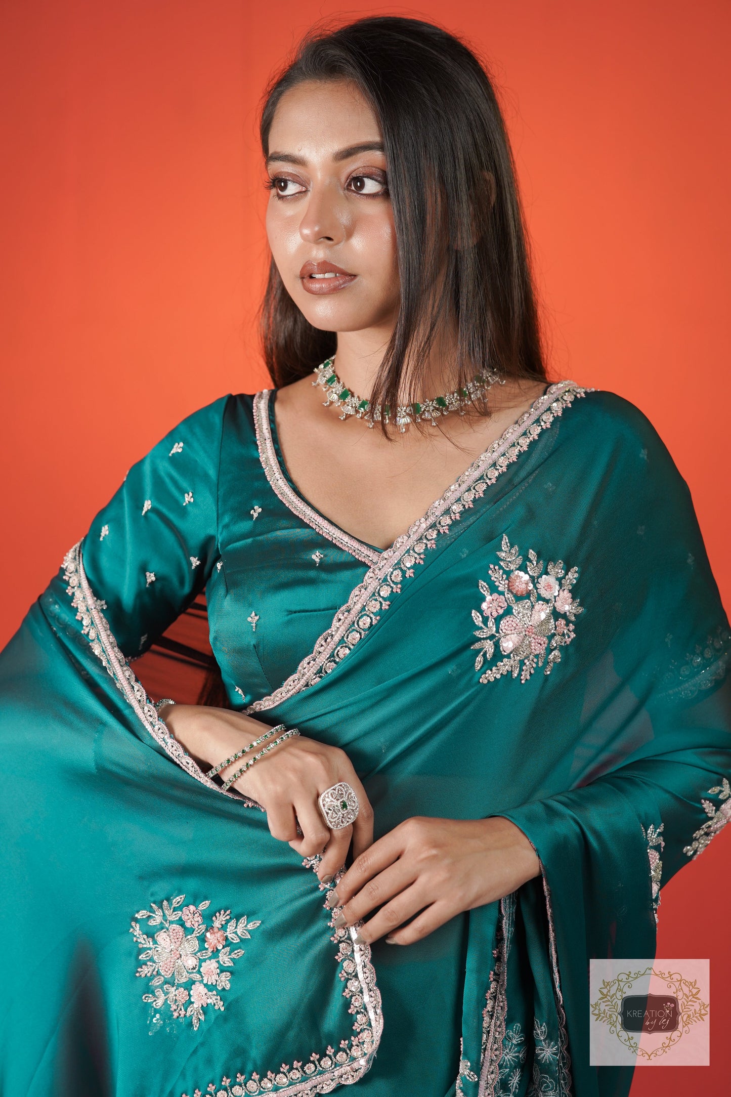 Teal Blue Floral Symphony Saree kreationbykj
