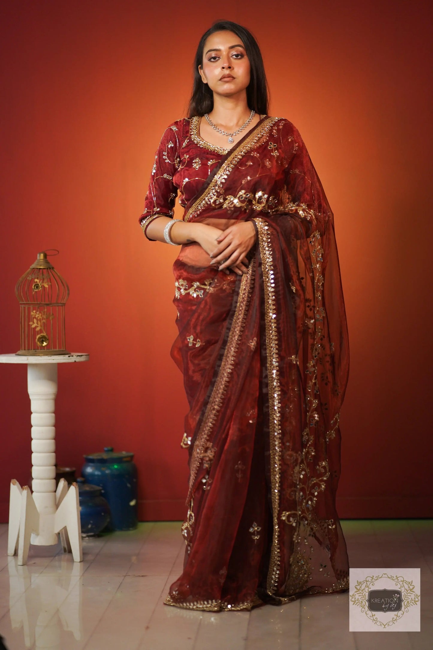 Maroon Glass Tissue Sheesh Mahal Saree kreationbykj.in