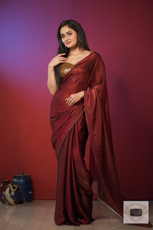 Cherry Wine Metallic Shimmer Satin Saree with Hand made Tassels on Pallu kreationbykj