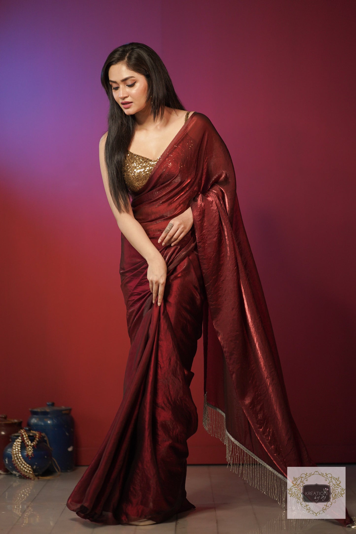 Cherry Wine Metallic Shimmer Satin Saree with Hand made Tassels on Pallu kreationbykj