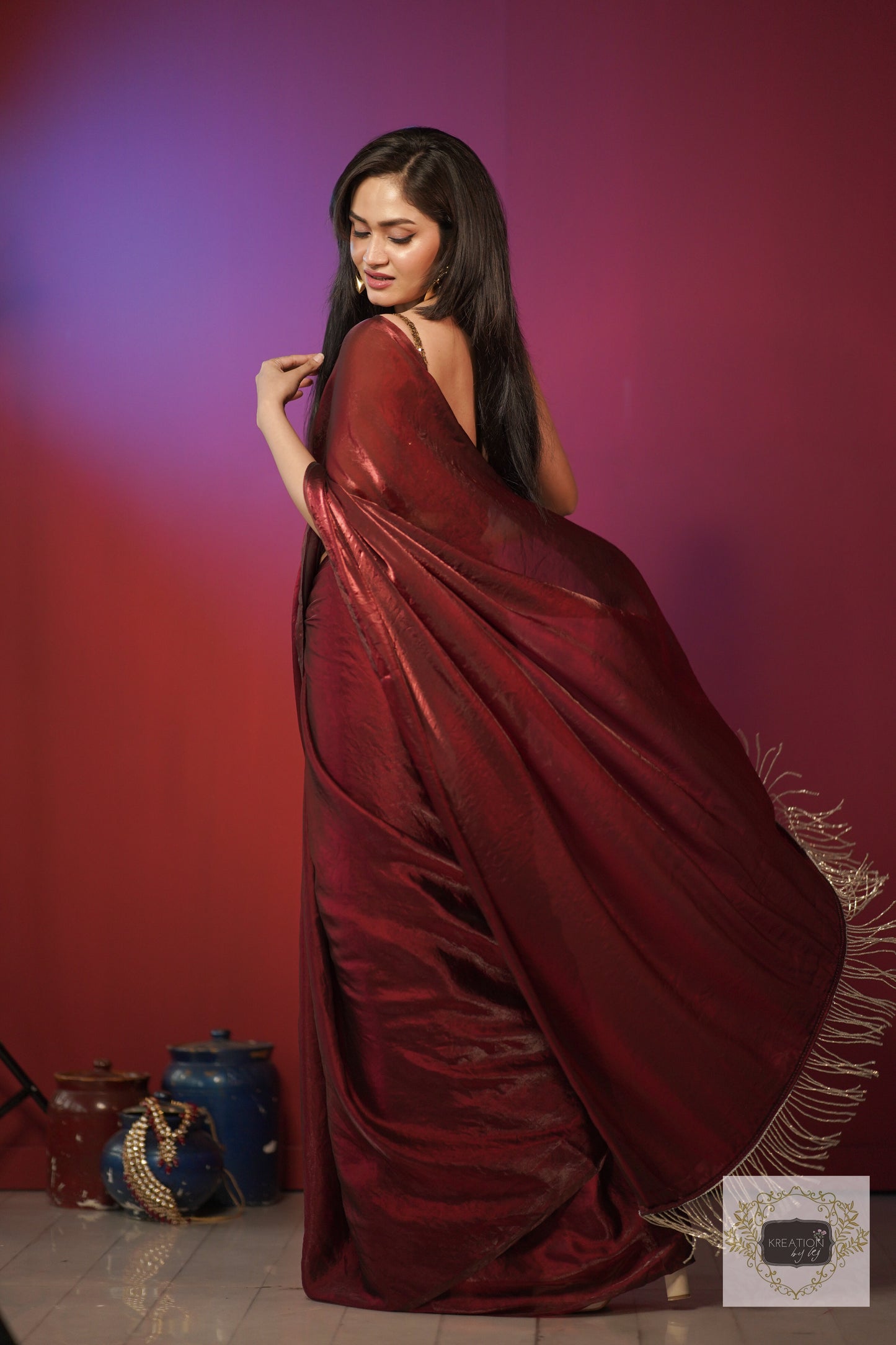 Cheery Wine Shimmer Satin Saree with Hand made Tassels on Pallu