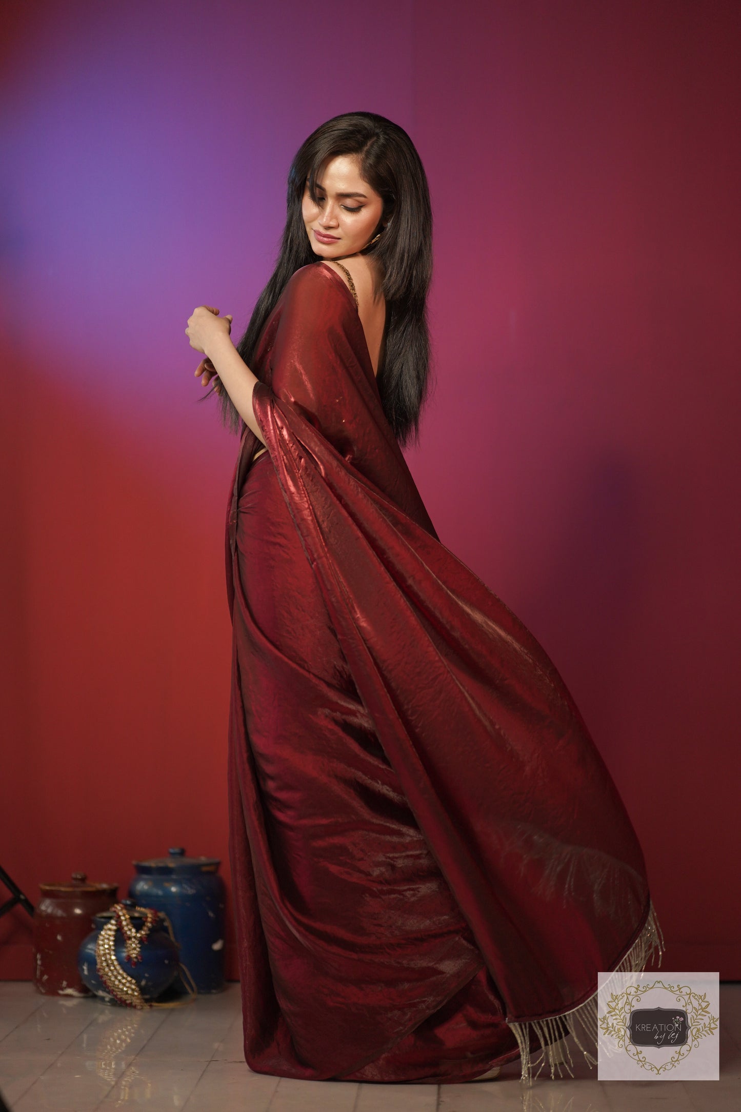 Cheery Wine Shimmer Satin Saree with Hand made Tassels on Pallu