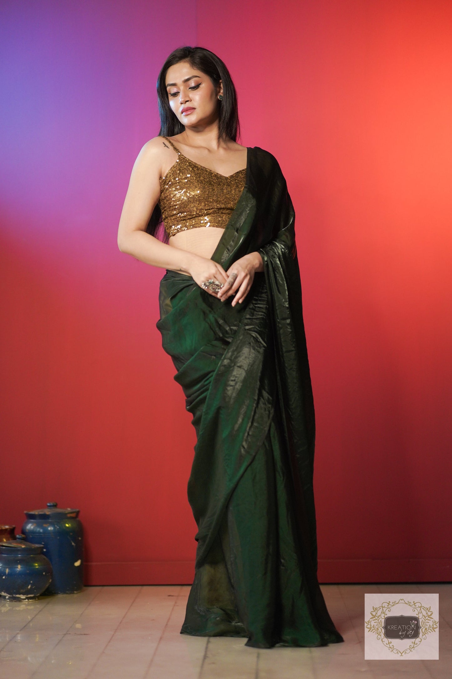 Bottle Green Shimmer Satin Saree kreationbykj