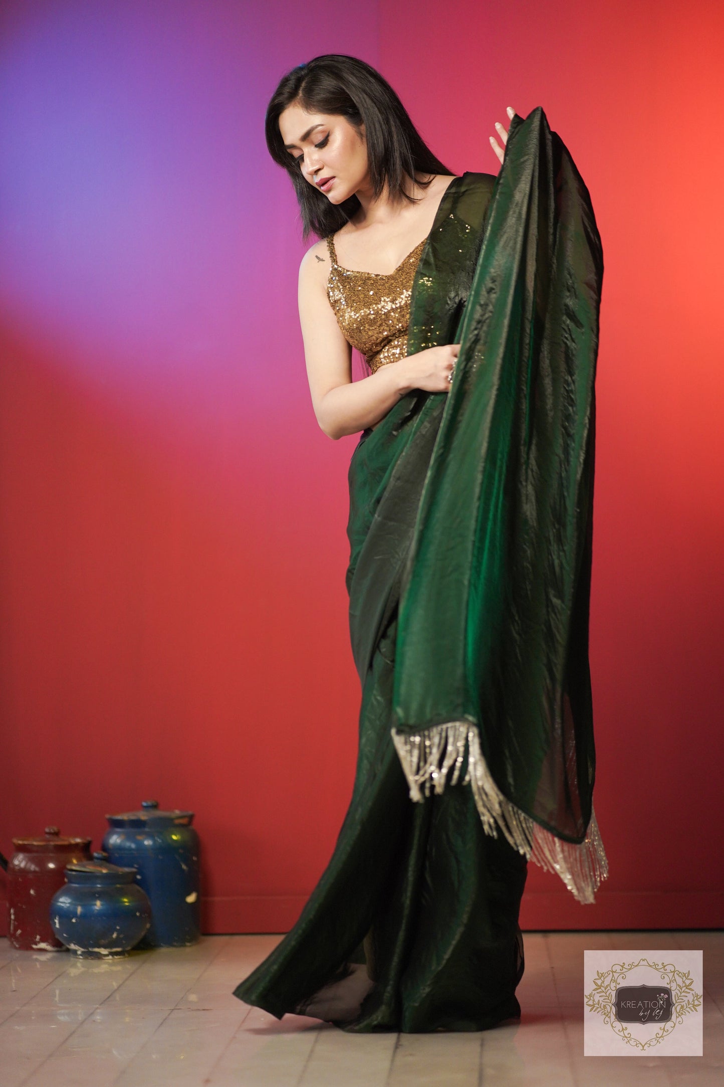 Bottle Green Shimmer Satin Saree kreationbykj