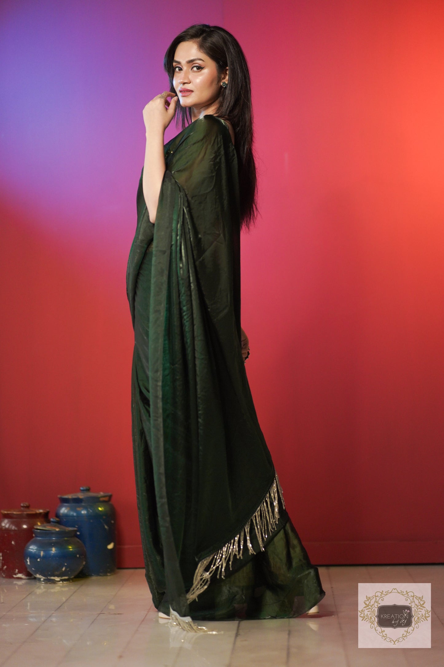 Bottle Green Shimmer Satin Saree kreationbykj