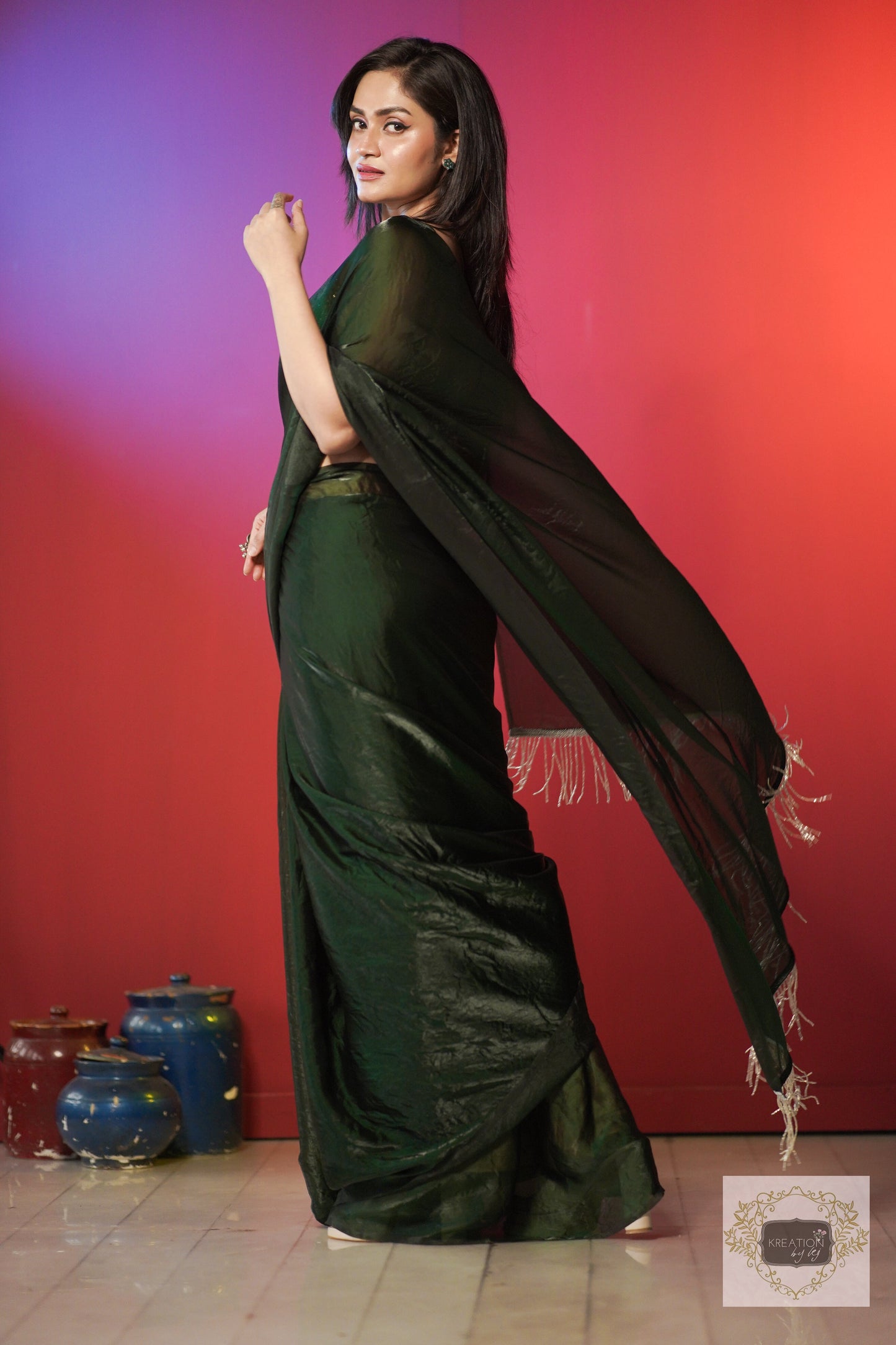 Bottle Green Shimmer Satin Saree kreationbykj