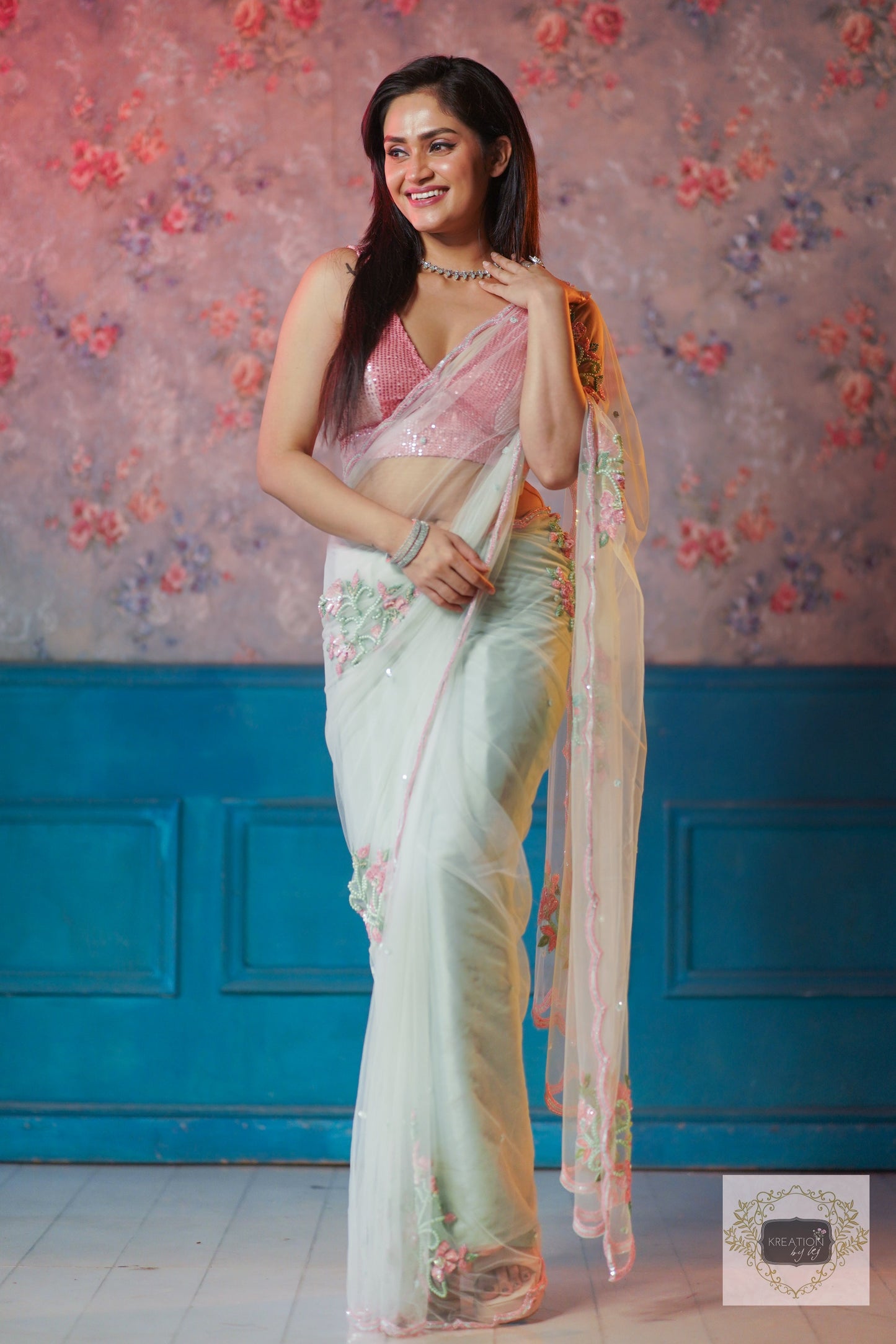 Pastel Green Florescence Net Saree kreationbykj