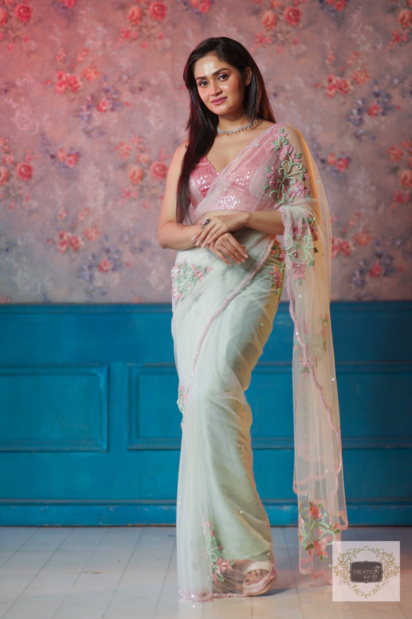 Pastel Green Florescence Net Saree kreationbykj