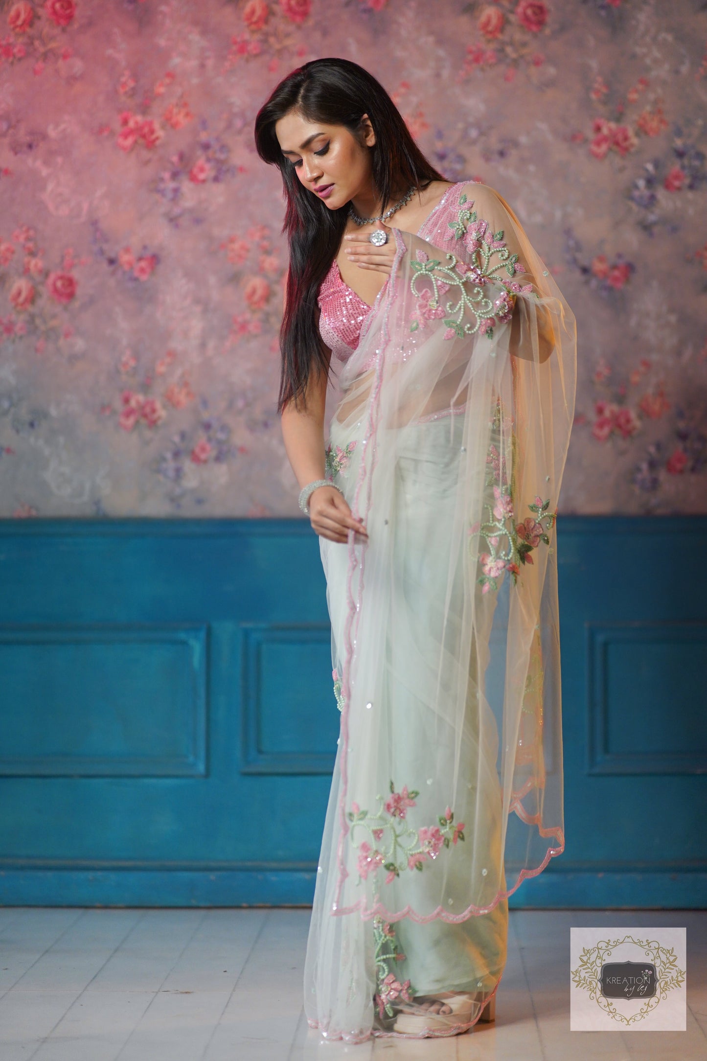 Pastel Green Florescence Net Saree kreationbykj