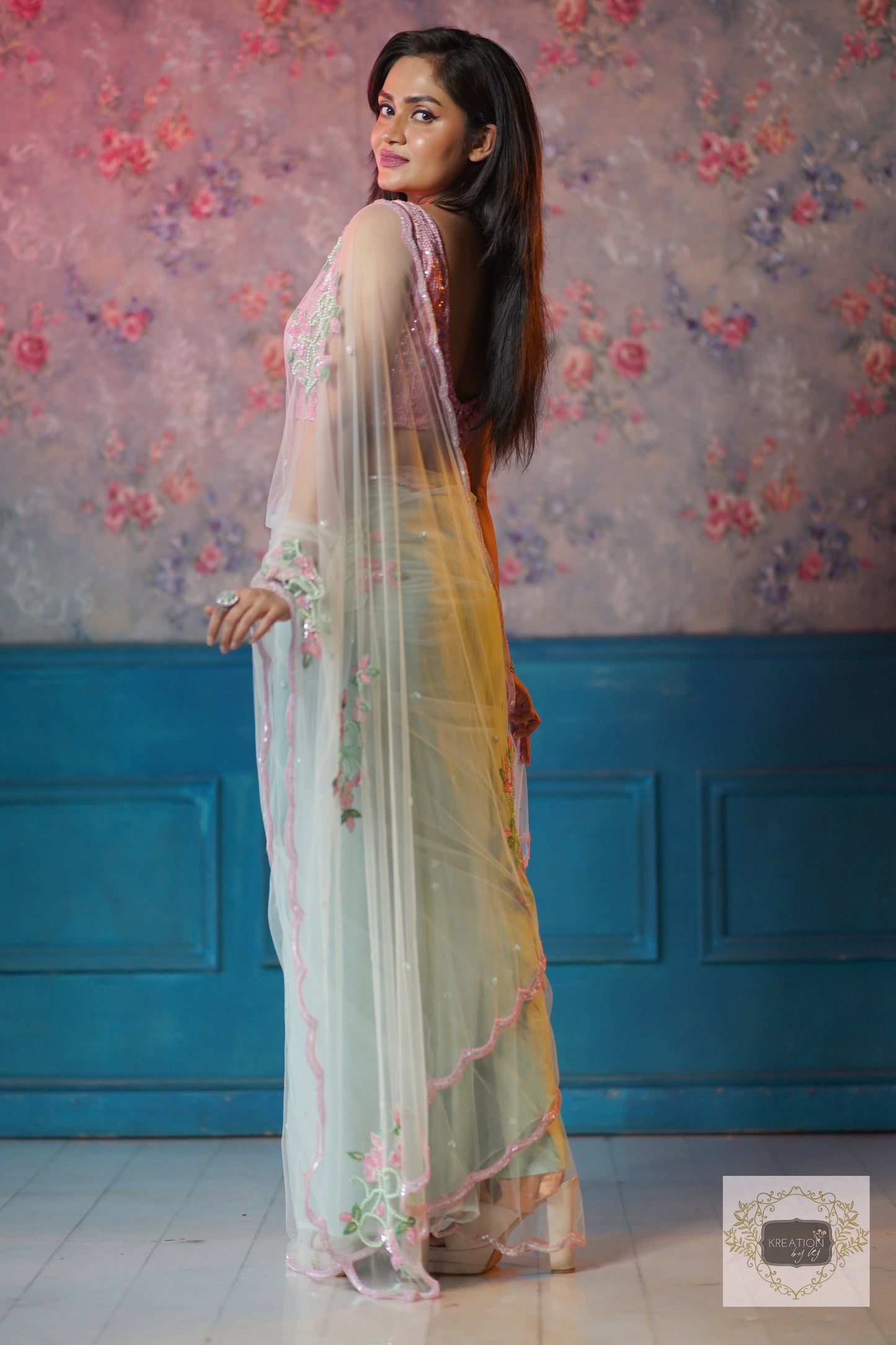 Pastel Green Florescence Net Saree kreationbykj