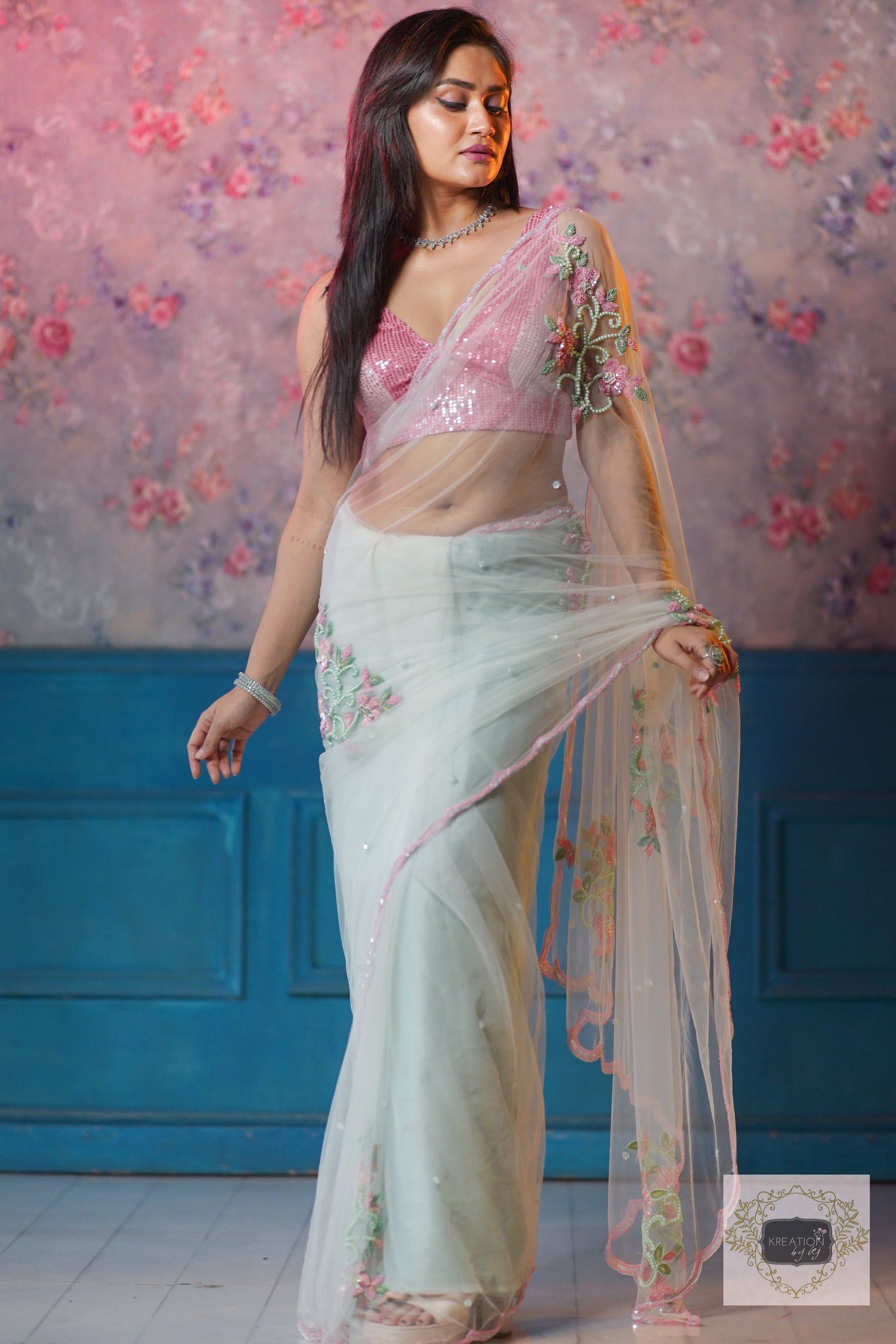 Pastel Green Florescence Net Saree kreationbykj