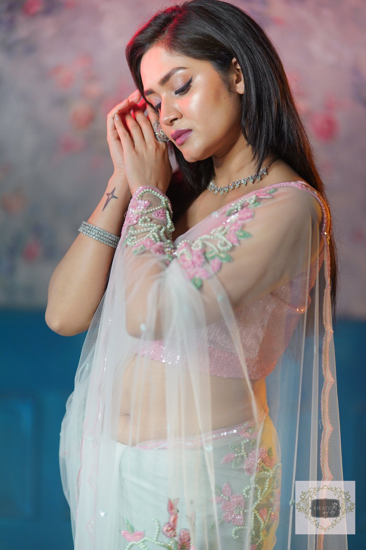 Pastel Green Florescence Net Saree kreationbykj