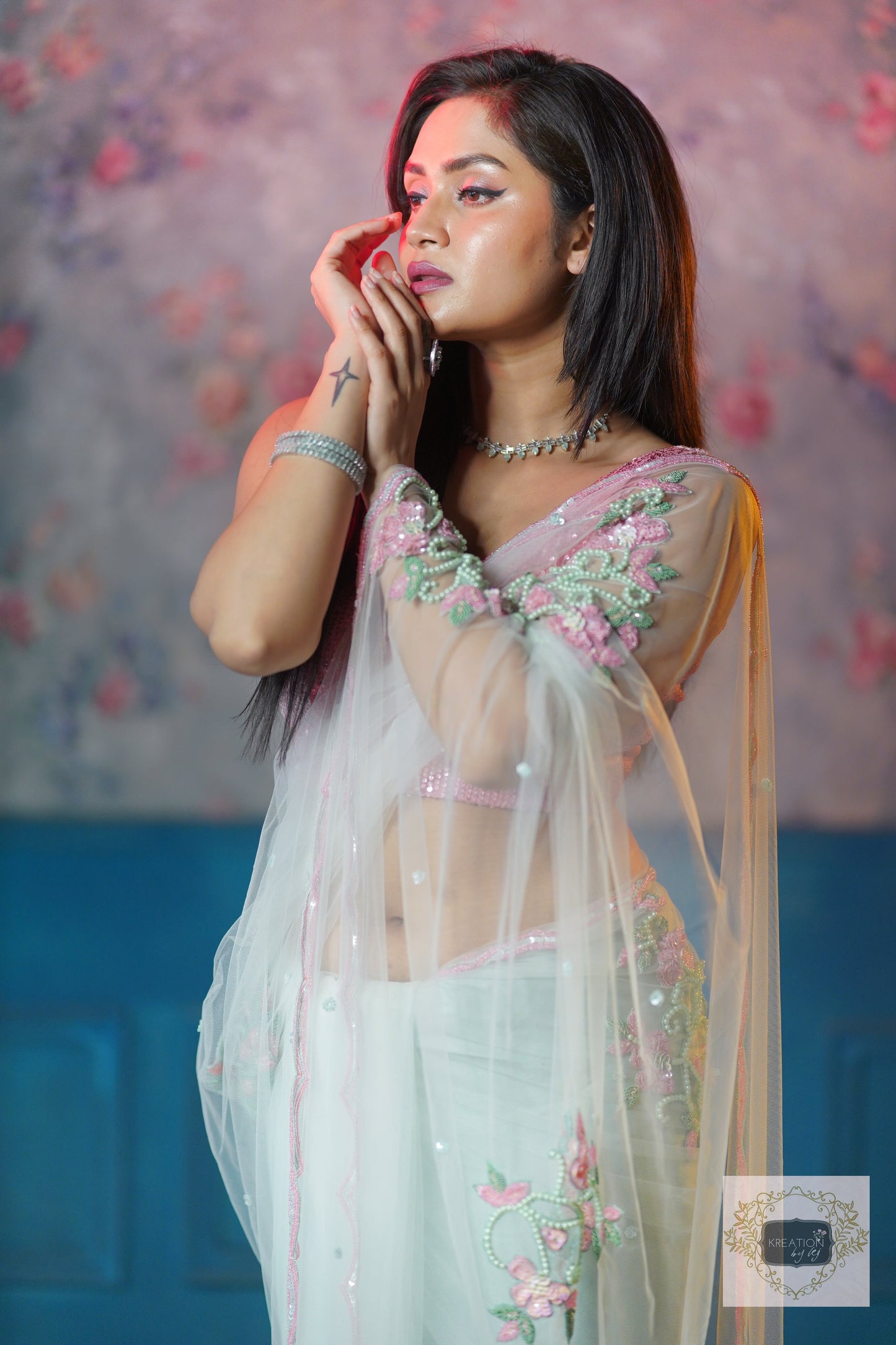 Pastel Green Florescence Net Saree kreationbykj