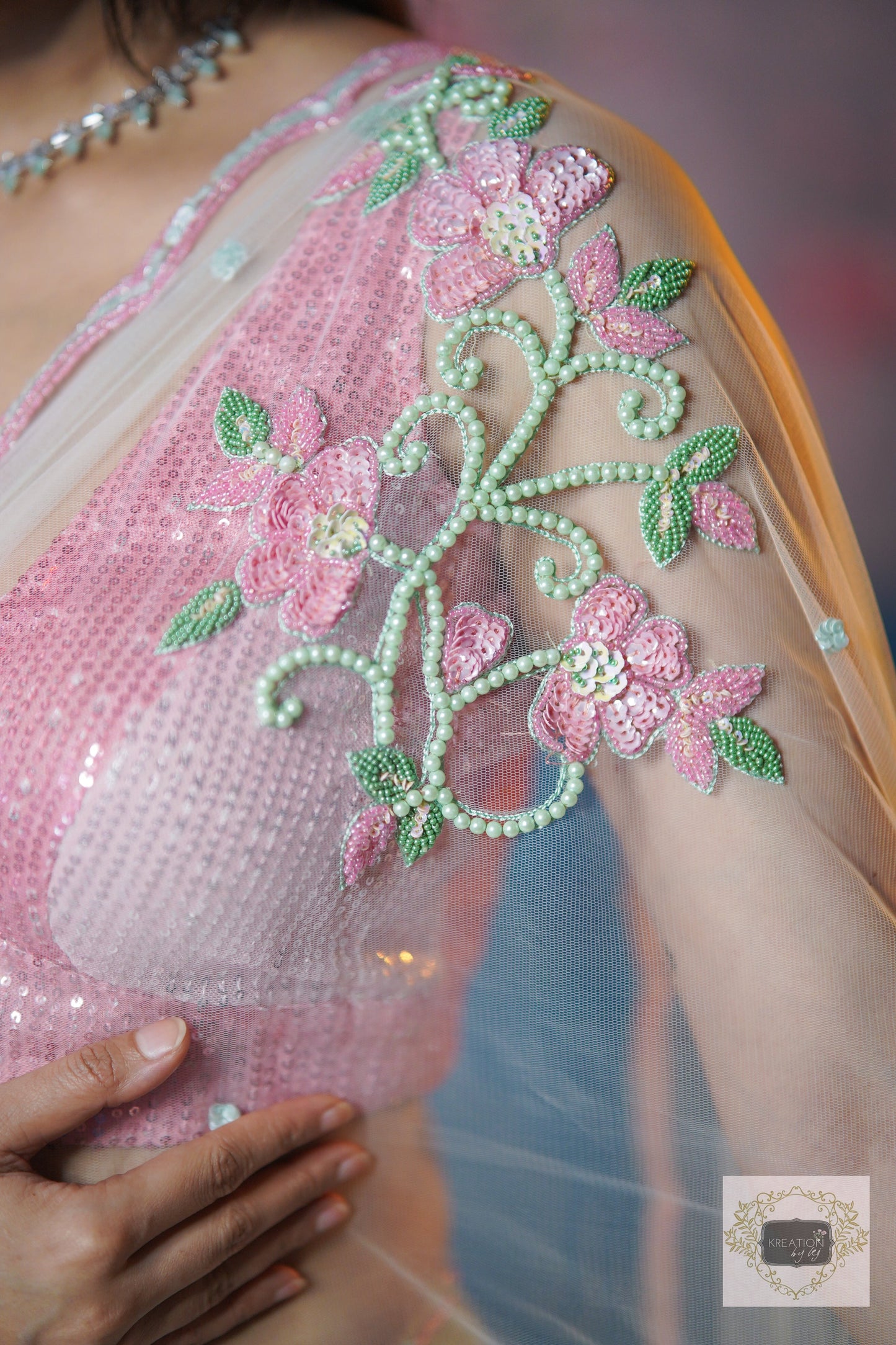 Pastel Green Florescence Net Saree kreationbykj