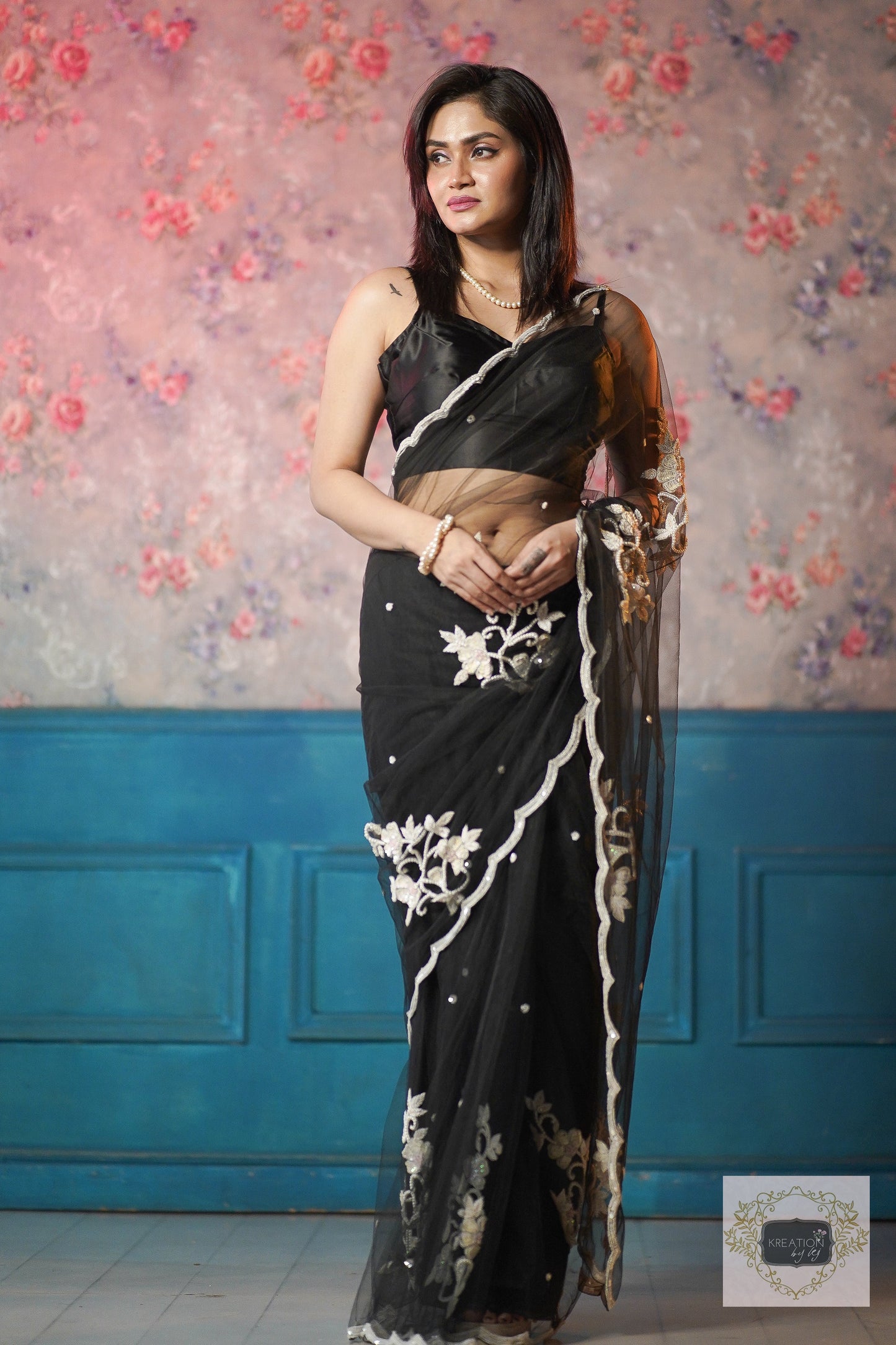 Black Florescence Net Saree kreationbykj