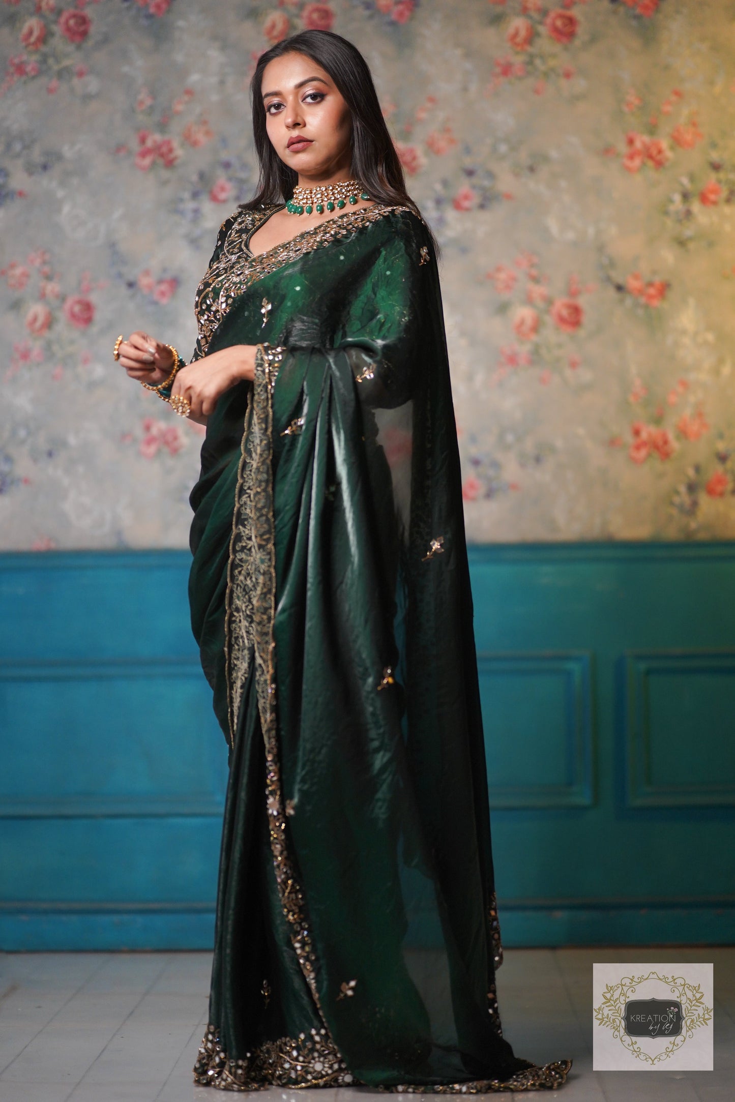 Bottle Green Shimmer Satin Sheesh Mahal Saree kreationbykj