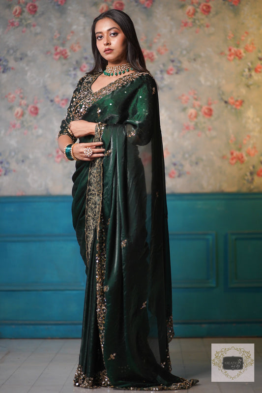 Bottle Green Shimmer Satin Sheesh Mahal Saree kreationbykj