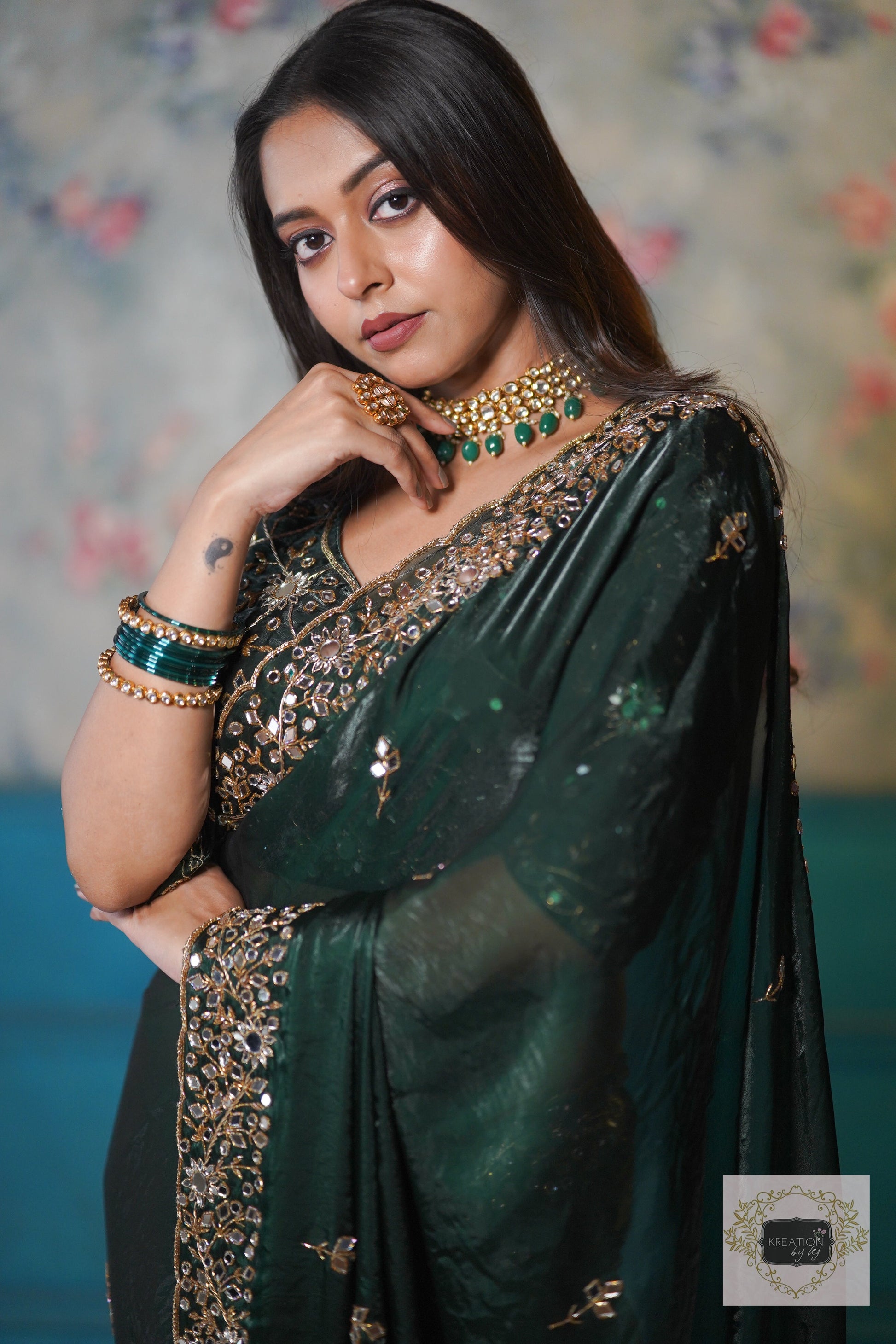 Bottle Green Shimmer Satin Sheesh Mahal Saree kreationbykj