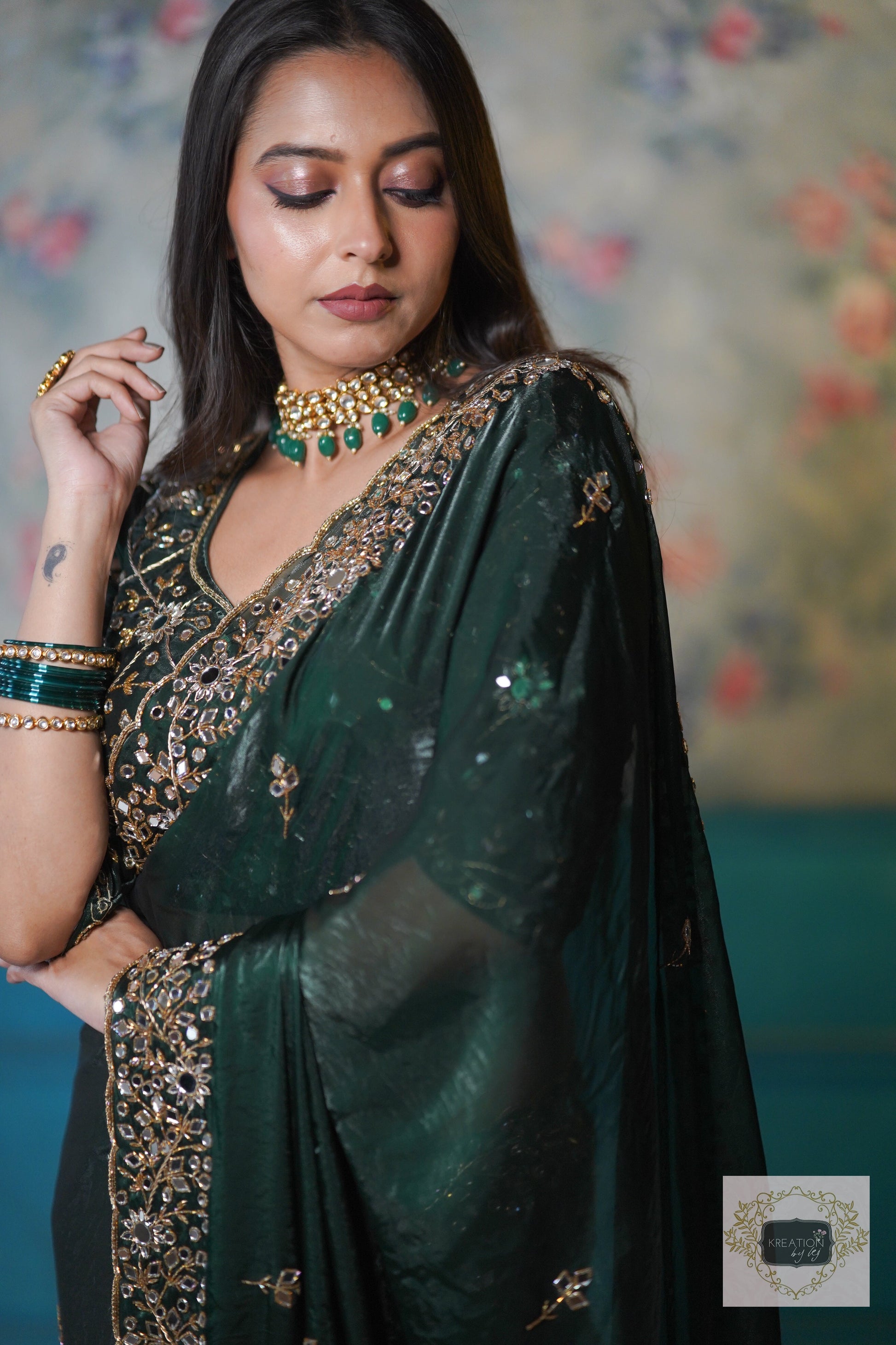 Bottle Green Shimmer Satin Sheesh Mahal Saree kreationbykj