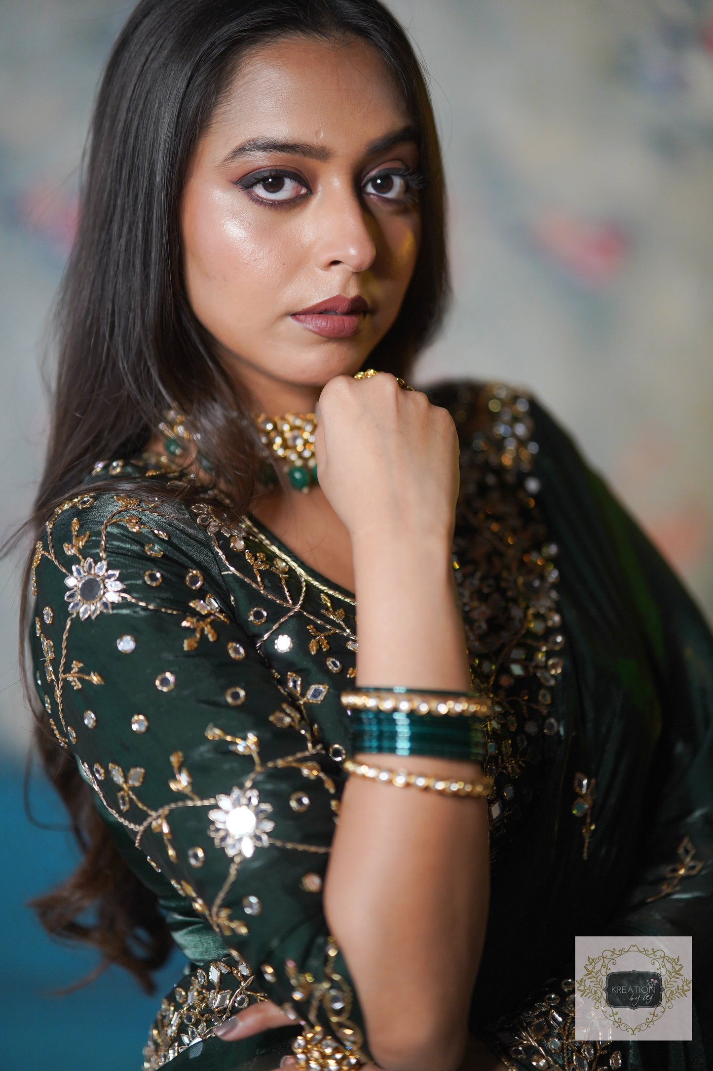 Bottle Green Shimmer Satin Sheesh Mahal Saree kreationbykj