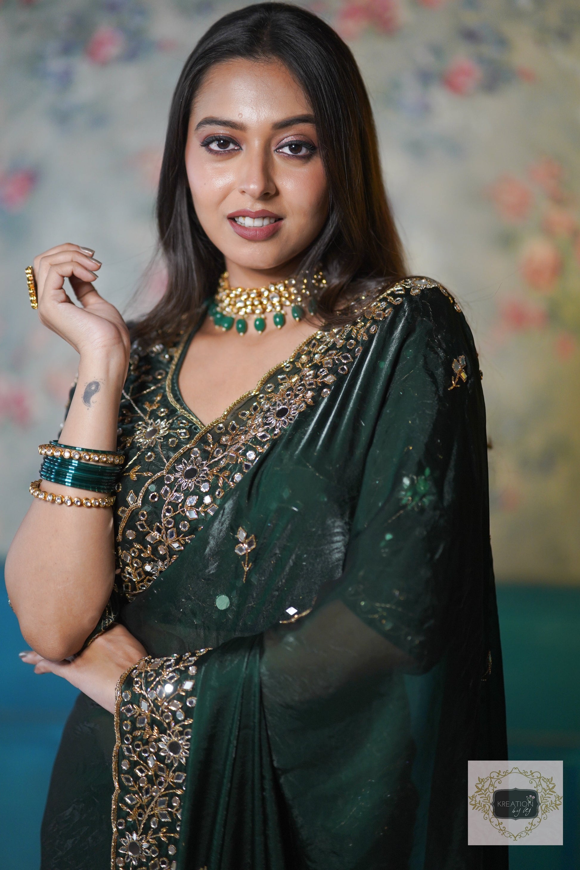 Bottle Green Shimmer Satin Sheesh Mahal Saree kreationbykj