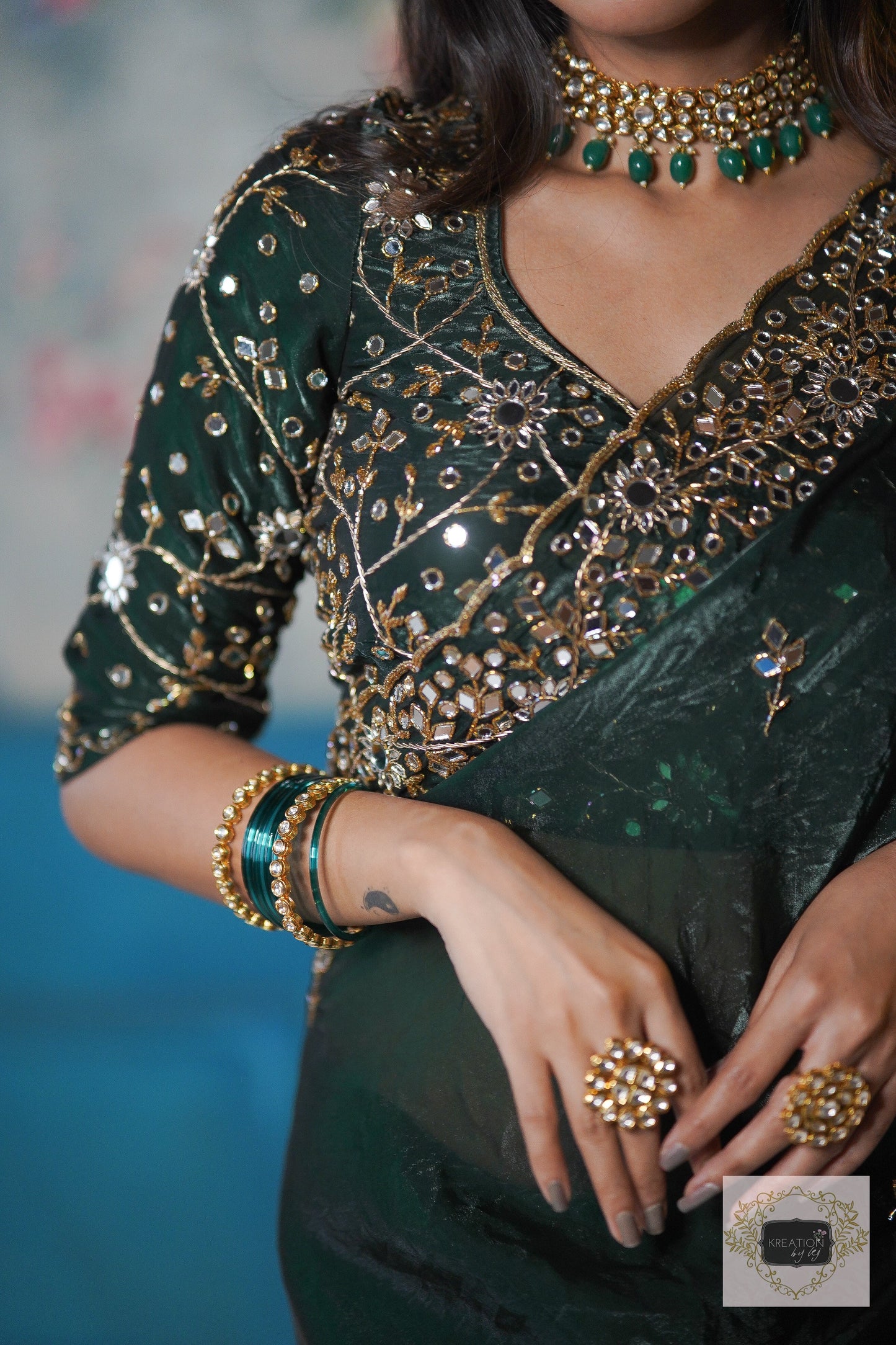 Bottle Green Shimmer Satin Sheesh Mahal Saree kreationbykj