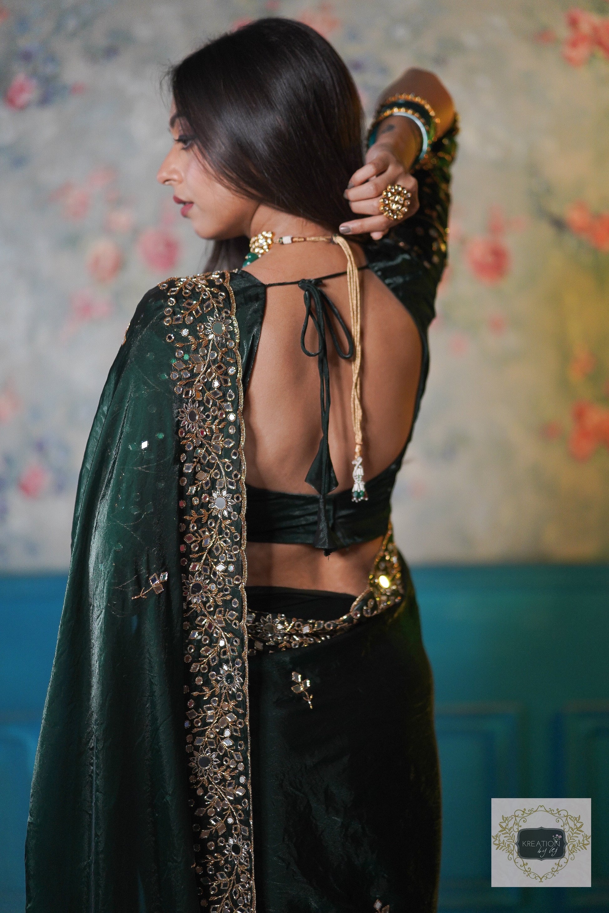 Bottle Green Shimmer Satin Sheesh Mahal Saree kreationbykj