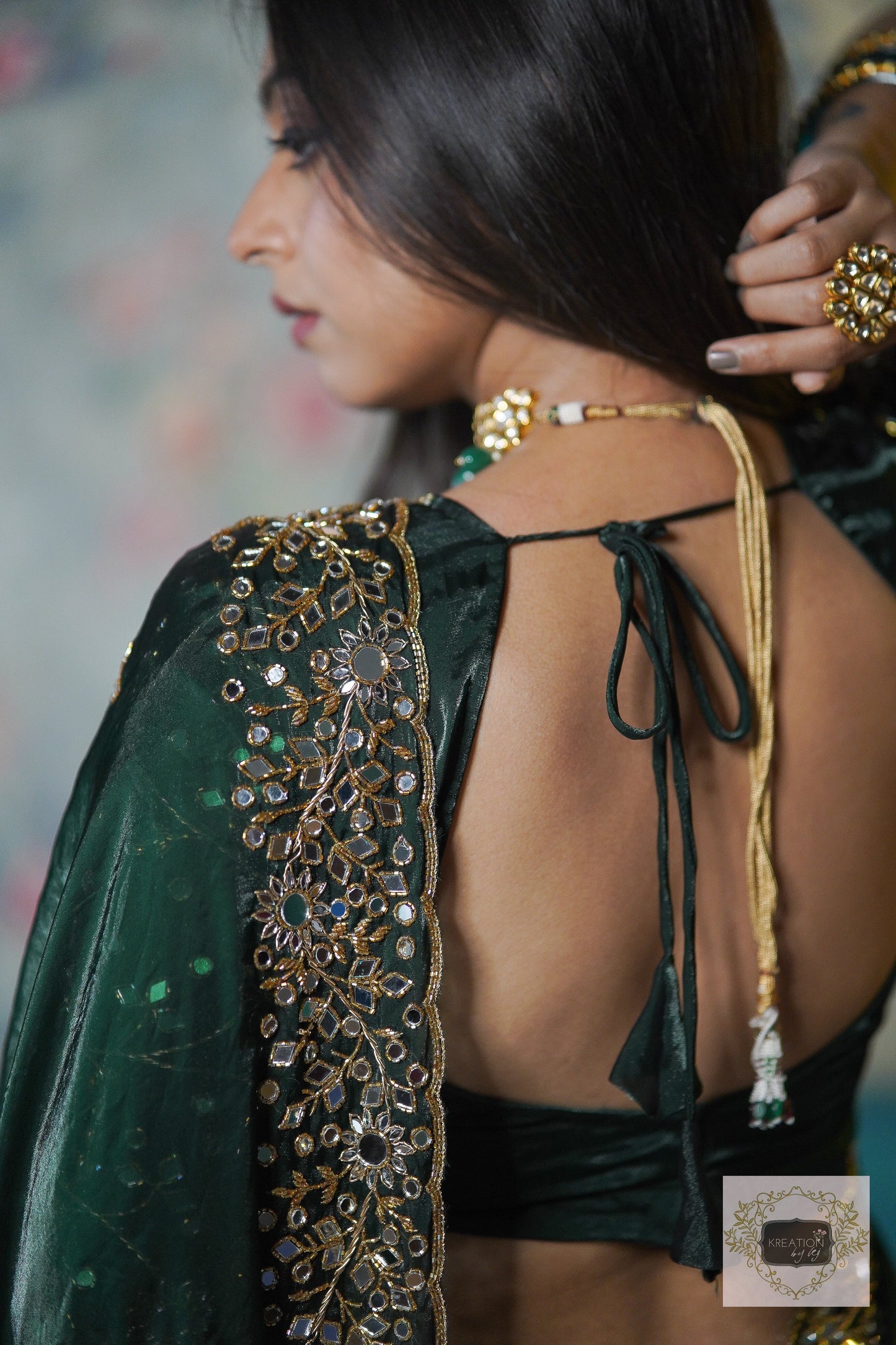 Bottle Green Shimmer Satin Sheesh Mahal Saree kreationbykj