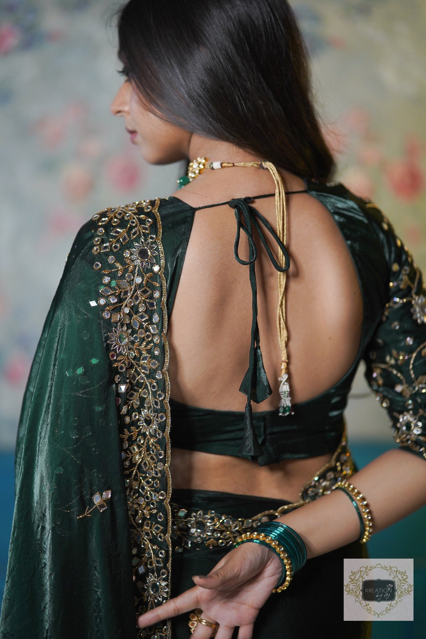 Bottle Green Shimmer Satin Sheesh Mahal Saree kreationbykj