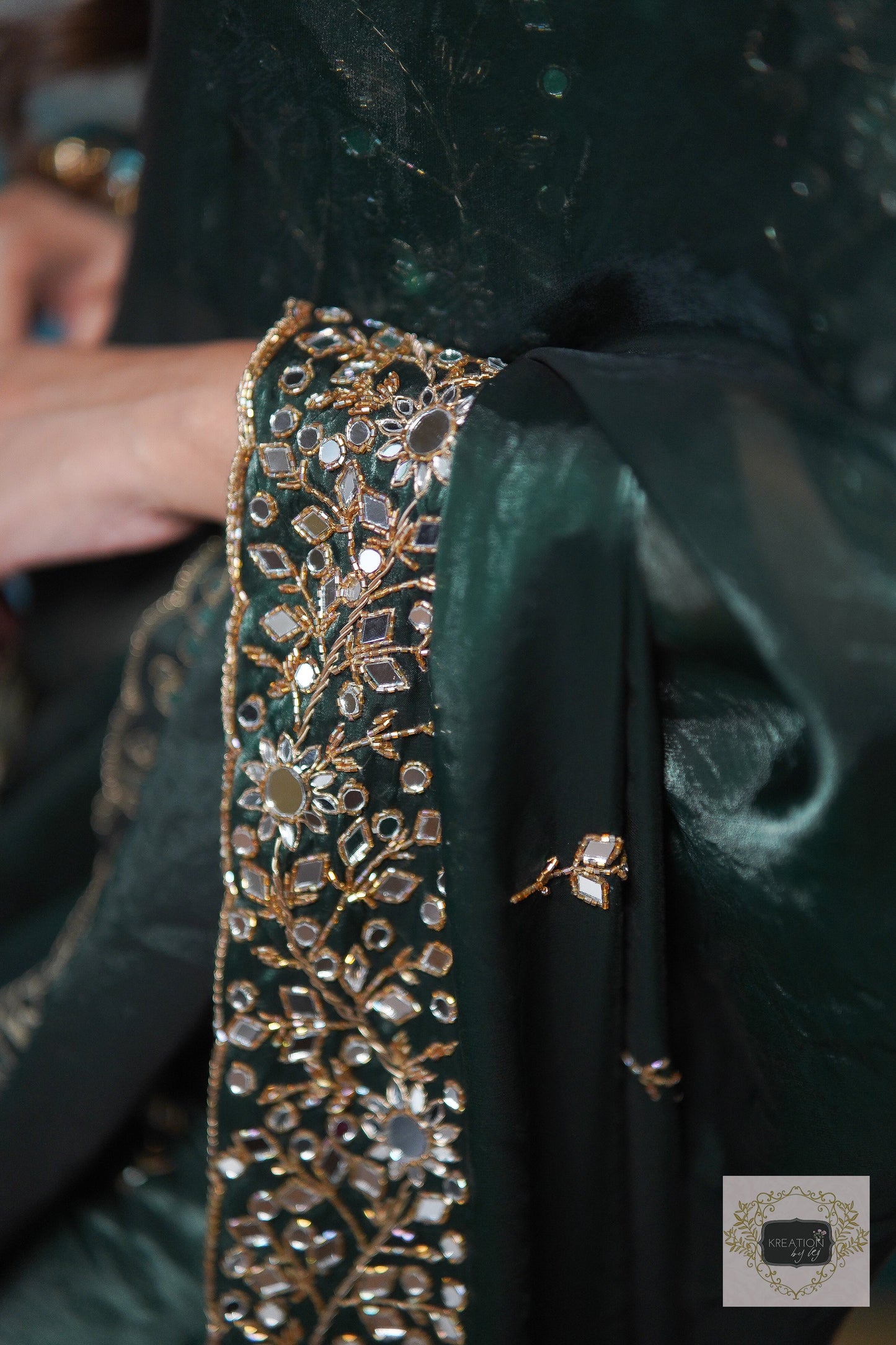 Bottle Green Shimmer Satin Sheesh Mahal Saree kreationbykj