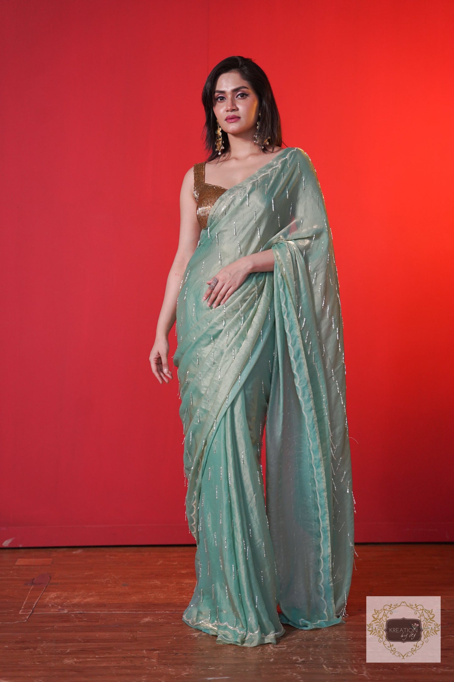 Chammak Challo Pastel Green Shimmer Satin Saree kreationbykj