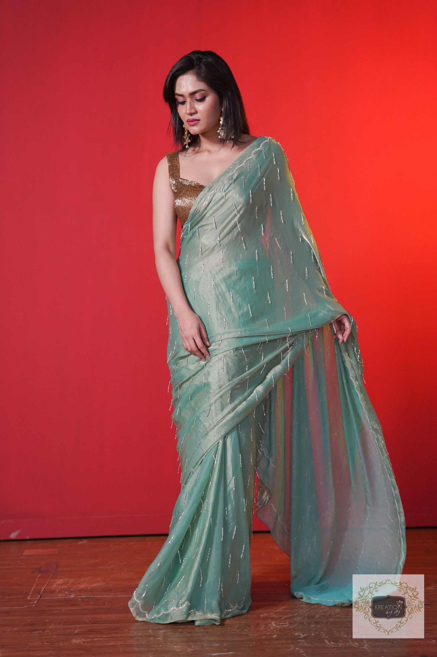 Chammak Challo Pastel Green Shimmer Satin Saree kreationbykj
