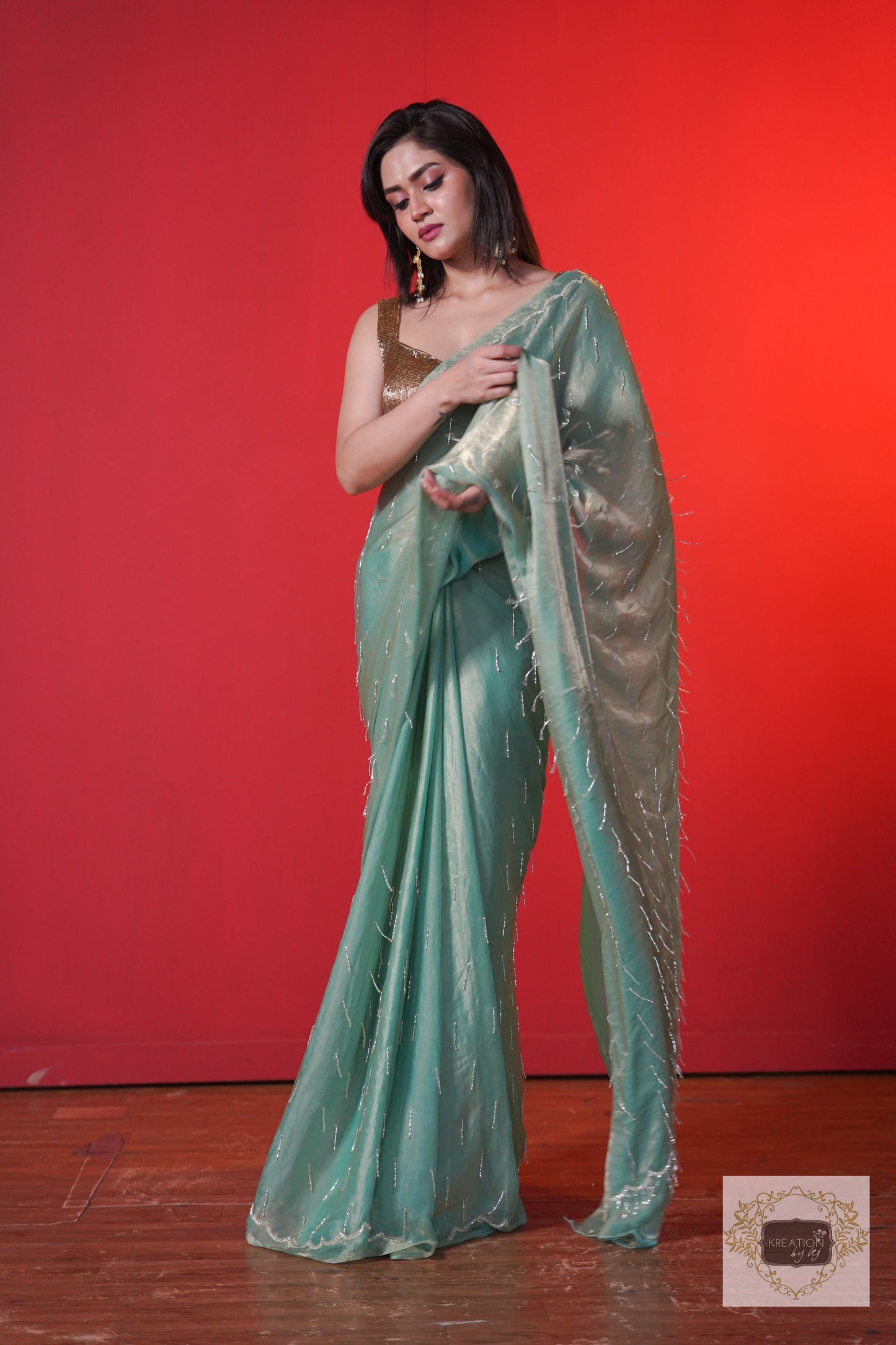Chammak Challo Pastel Green Shimmer Satin Saree kreationbykj