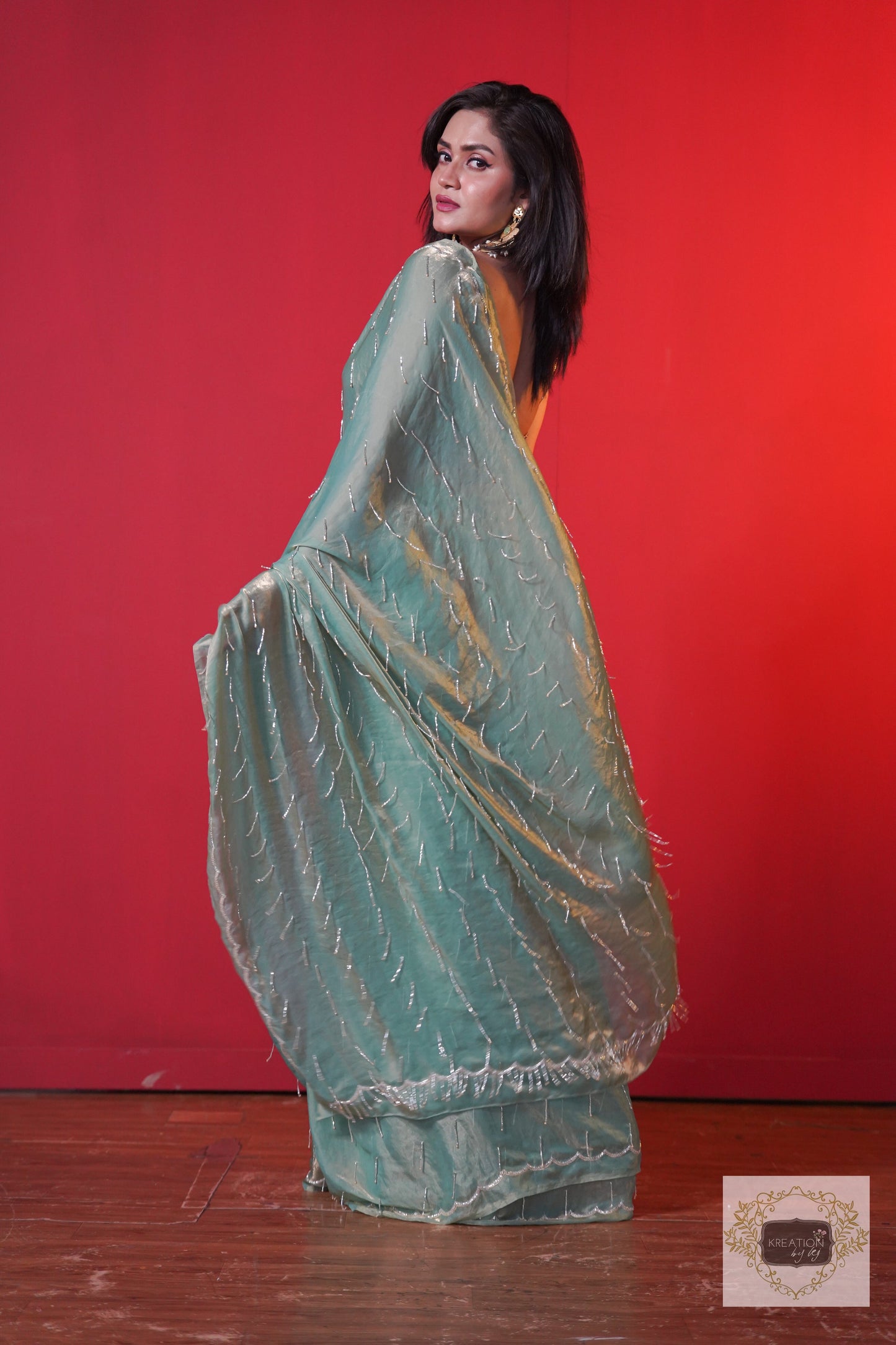 Chammak Challo Pastel Green Shimmer Satin Saree kreationbykj
