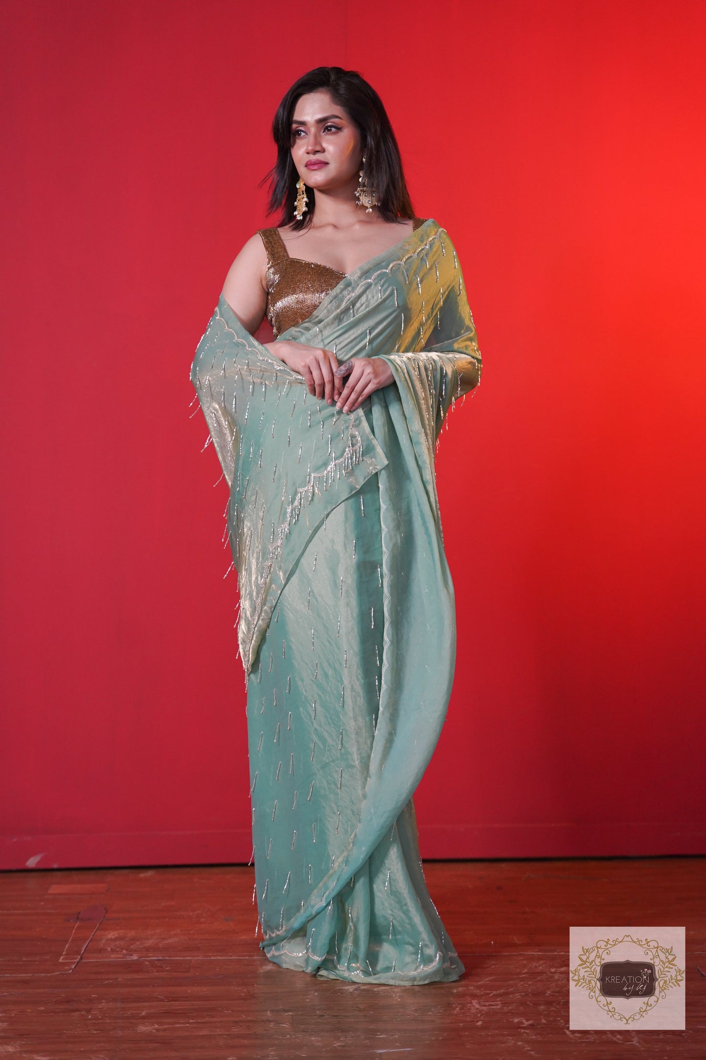 Chammak Challo Pastel Green Shimmer Satin Saree kreationbykj