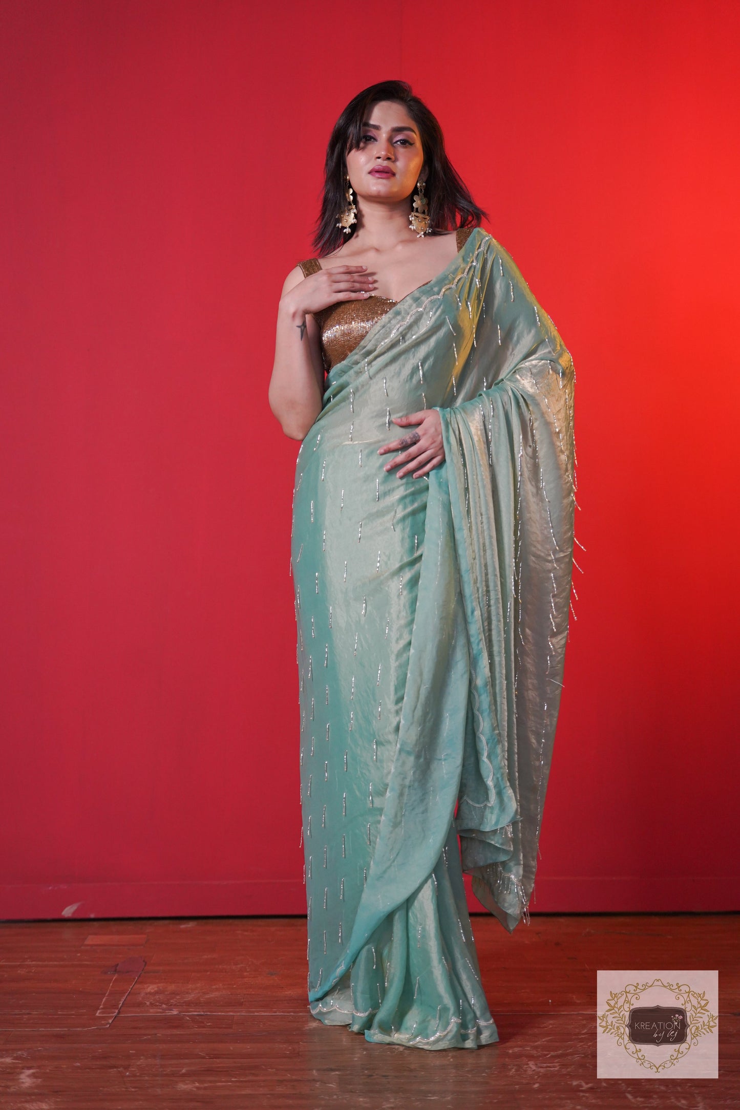 Chammak Challo Pastel Green Shimmer Satin Saree kreationbykj