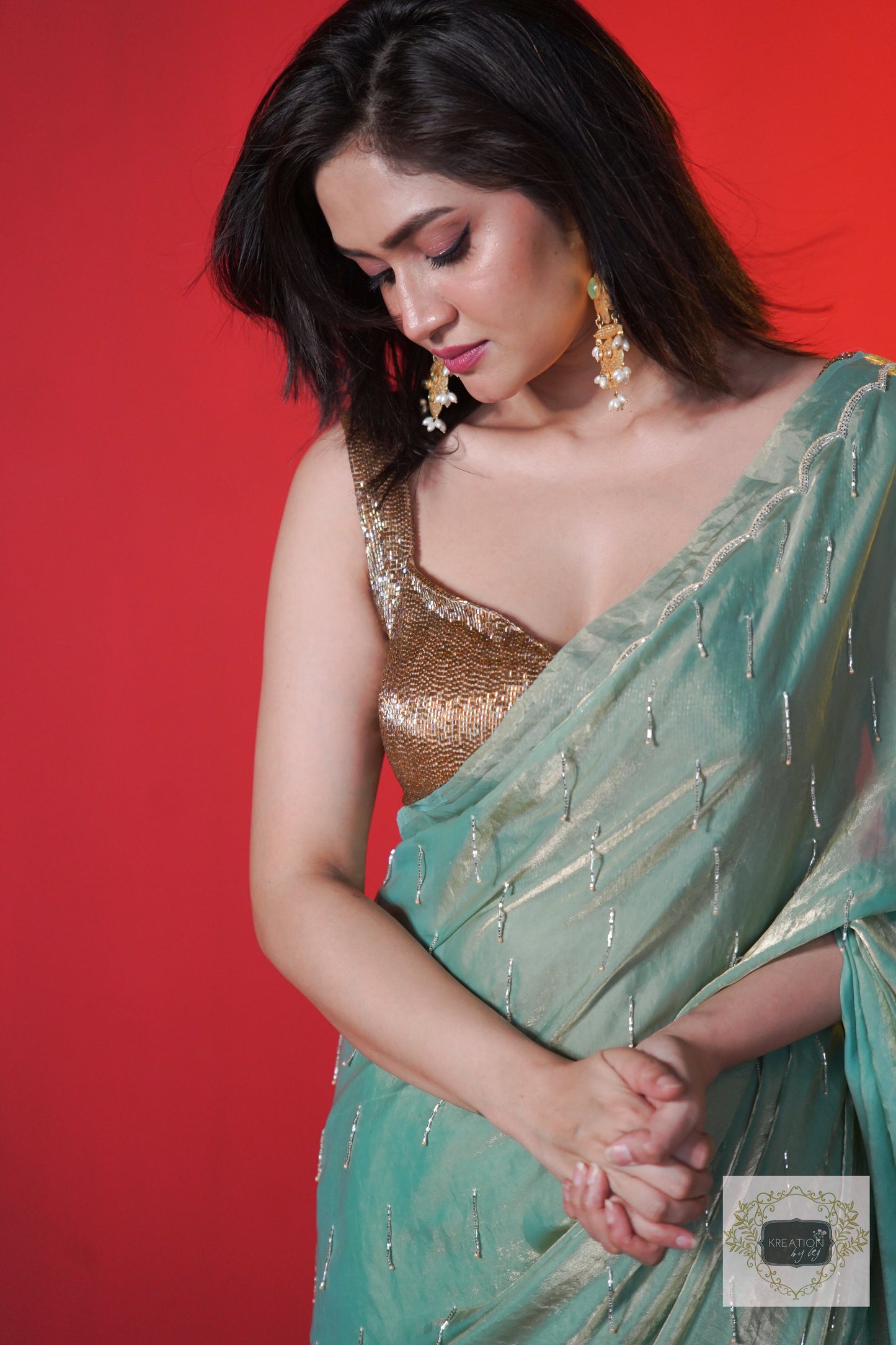 Chammak Challo Pastel Green Shimmer Satin Saree kreationbykj