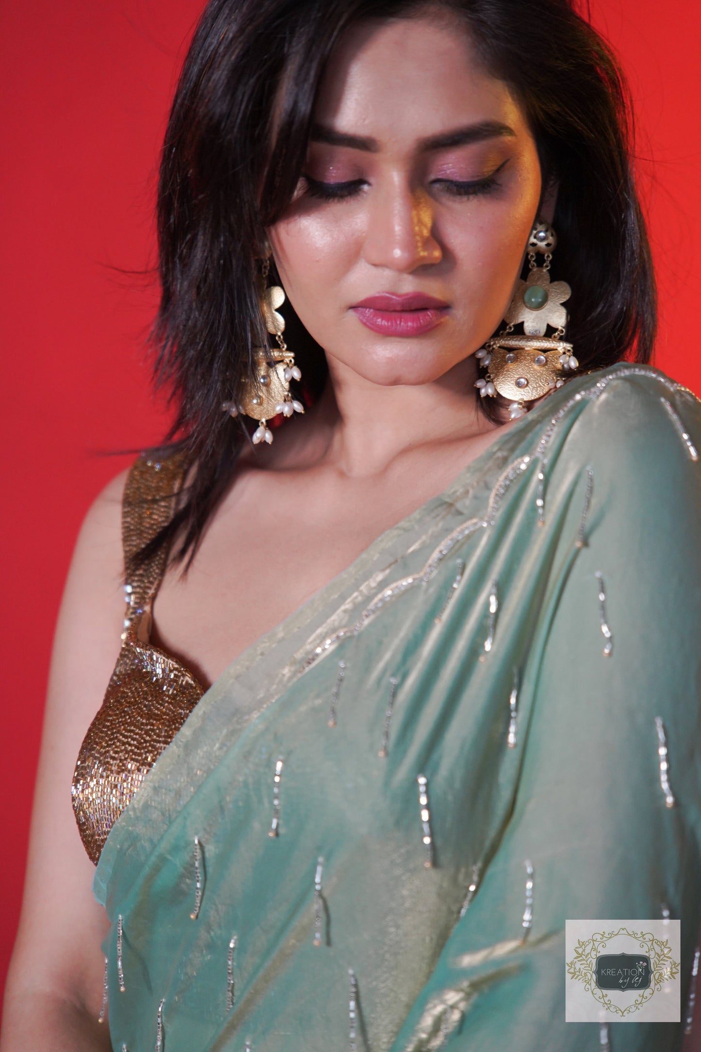 Chammak Challo Pastel Green Shimmer Satin Saree kreationbykj