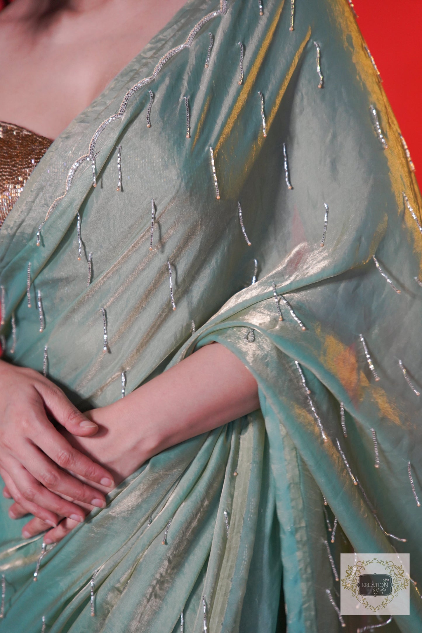 Chammak Challo Pastel Green Shimmer Satin Saree kreationbykj