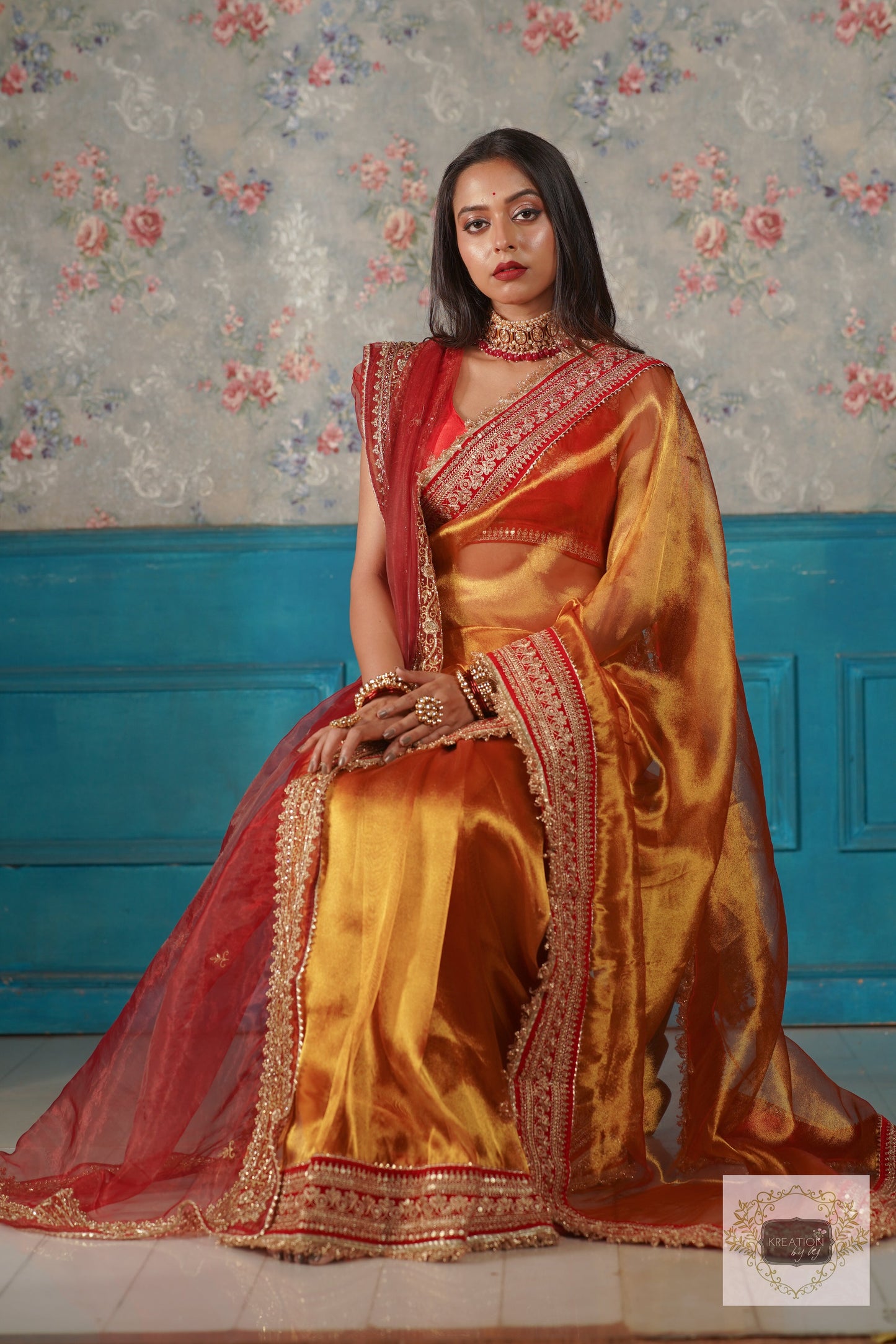 Red Glass Tissue Zarina Bridal Handembroidered Veil kreationbykj