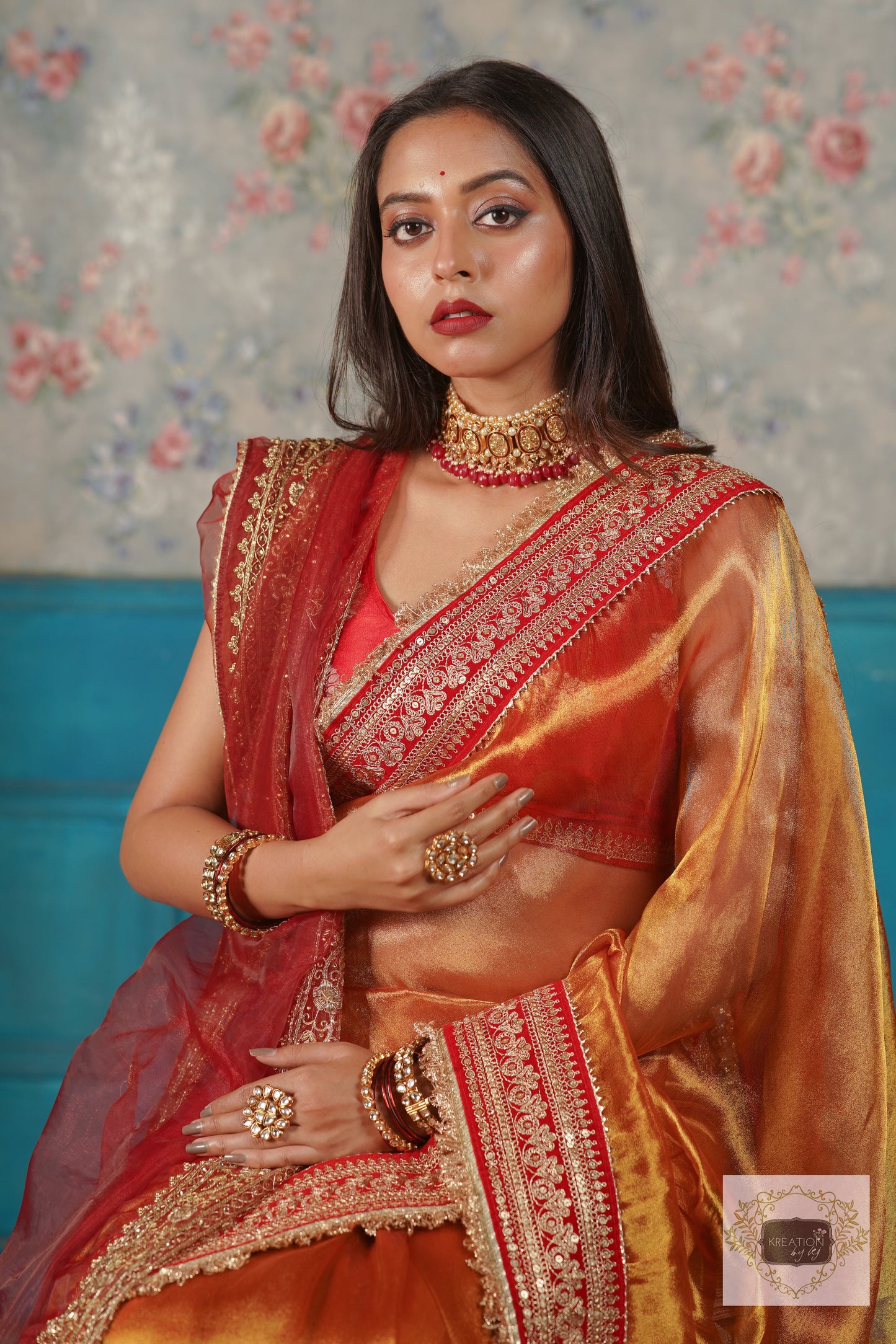 Red Glass Tissue Zarina Bridal Handembroidered Veil kreationbykj