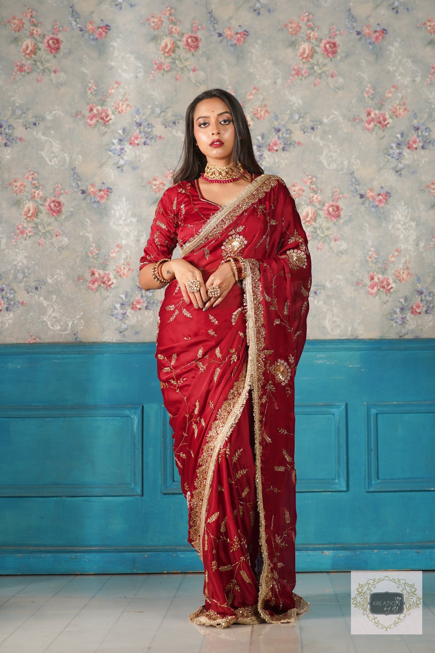 Din Shagan Da Maroon Bridal Crepe Silk Saree kreationbykj